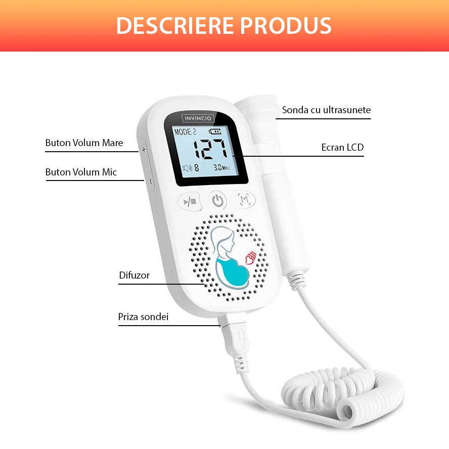 Monitor fetal Doppler, INVINCIO JZI, pentru monitorizare functii vitale fat intrauterin, 3 moduri masurare, acuratete ridicata – sonda 3 mHz, gel ultrasunete inclus, Zero radiatii, detectarea batailor inimii fatului, pentru gravide, portabil, alb