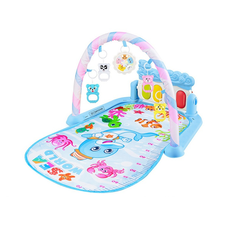 Centru de activitati si joaca multifunctional INVINCIO Baby 4 in 1, cu Lumini si Sunete, PIAN Detasabil, Jucarii, Oglinda detasabila, 4 Moduri de Joaca, saltea interactiva cu print „Ocean”, educativ si interactiv, Lavabil, Albastru