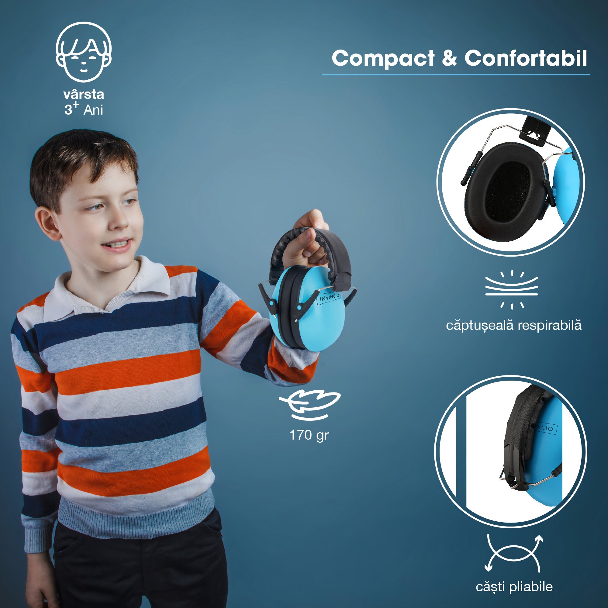 Casti antifoane copii 3-10 ani INVINCIO Safety, marime reglabil, confortabile, ergonomice, captusite, usoare, pentru protectia auzului, albastru mat