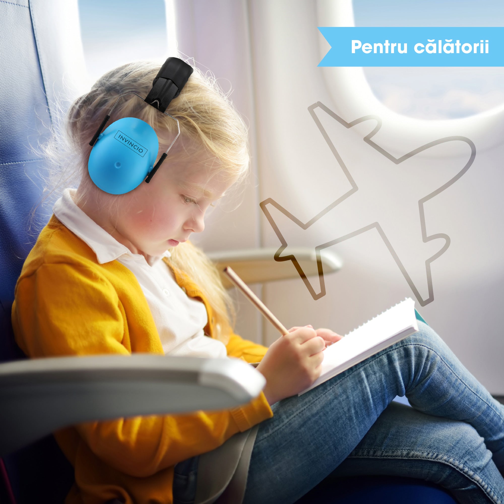 Casti antifoane copii 3-10 ani INVINCIO Safety, marime reglabil, confortabile, ergonomice, captusite, usoare, pentru protectia auzului, albastru mat