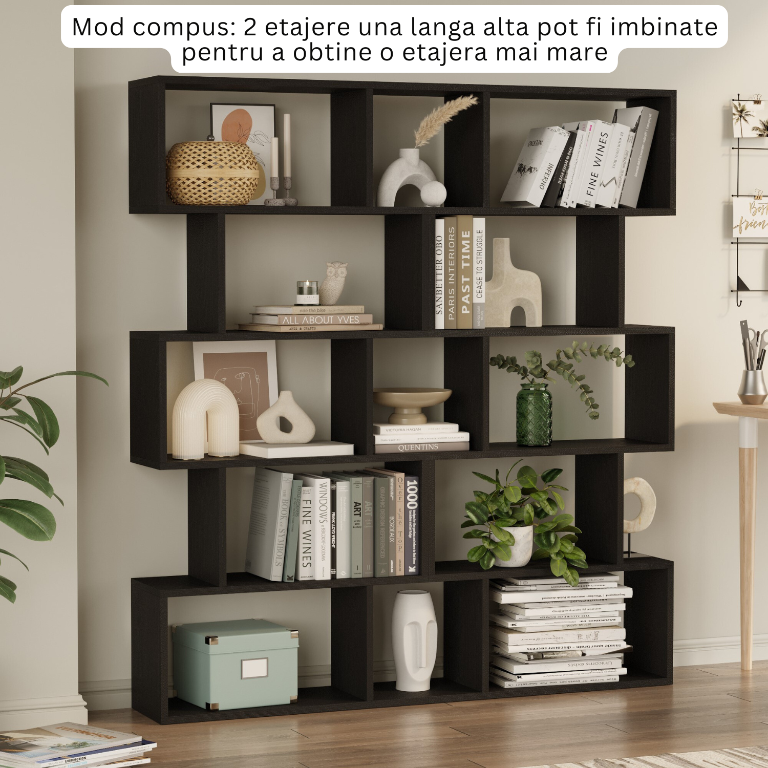 Biblioteca Multifunctionala Bezubi Santorini, 5 rafturi, Design Modern si Elegant, Stabila, Rezistenta la Zgariere, Usor de asamblat, Sigura si Eco-Friendly, Negru