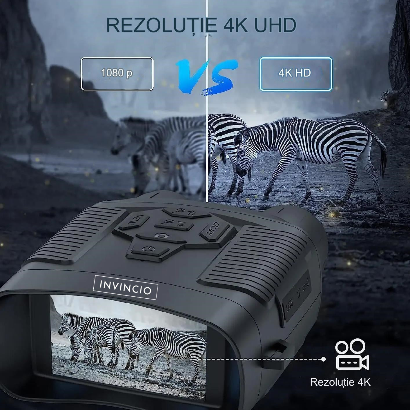 Binoclu cu vedere noctura Invincio Pro, resolutie 4K, functie foto 36 mpx, suport SD card 256 gb compatibil, display LCD 3 inch color, zoom digital 5x, inflarosu pe 7 nivele, camp vizual 300 de m, autonomie 12h, portabil, negru