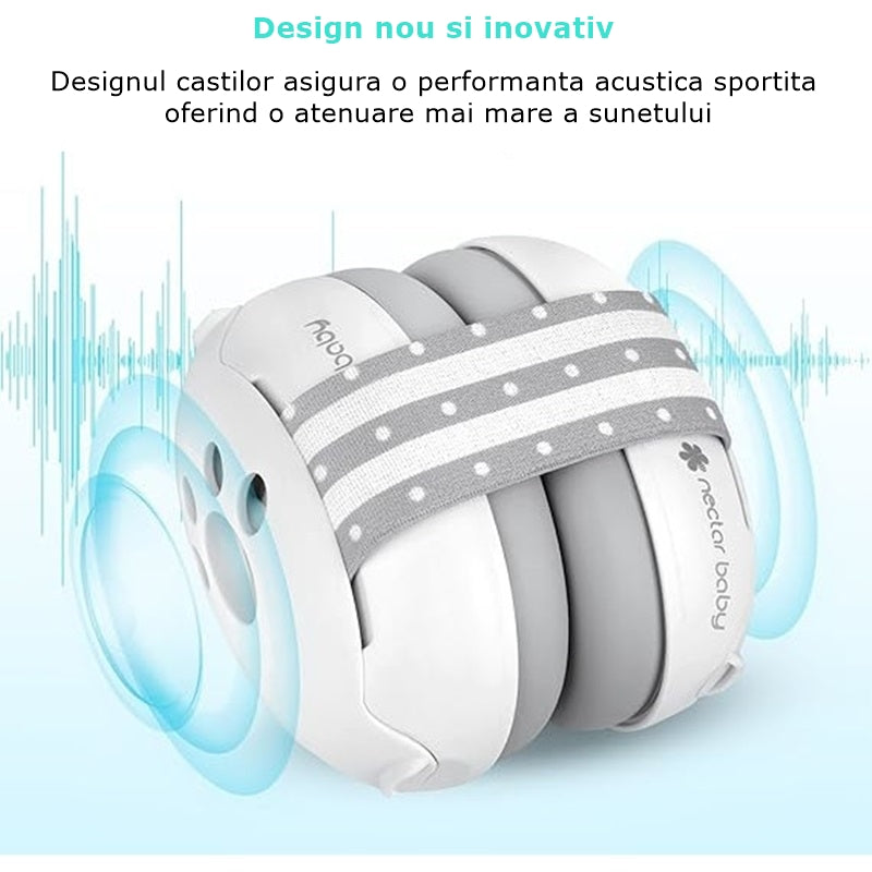 Casti antifonate INVINCIO® Muffy, pentru copii si bebelusi pana la 36 luni, ofera protectie auditiva, somn linistit, mentin copilul calm in medii zgomotoase, sistem de prindere sigur pentru fontanela, cu bentita elastica, usor de folosit, din ABS, Alb