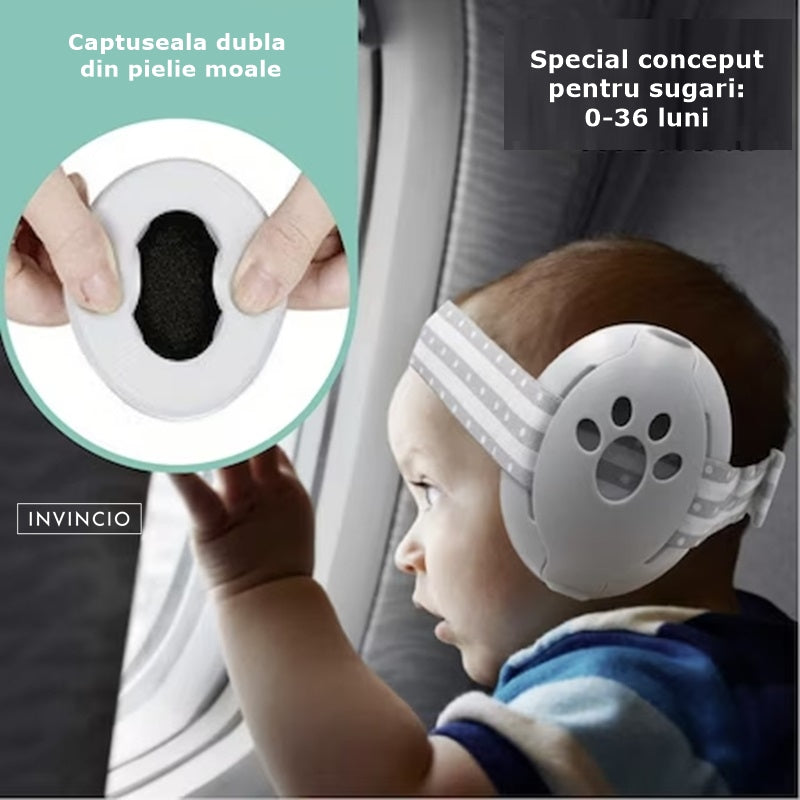 Casti antifonate INVINCIO® Muffy, pentru copii si bebelusi pana la 36 luni, ofera protectie auditiva, somn linistit, mentin copilul calm in medii zgomotoase, sistem de prindere sigur pentru fontanela, cu bentita elastica, usor de folosit, din ABS, Gri