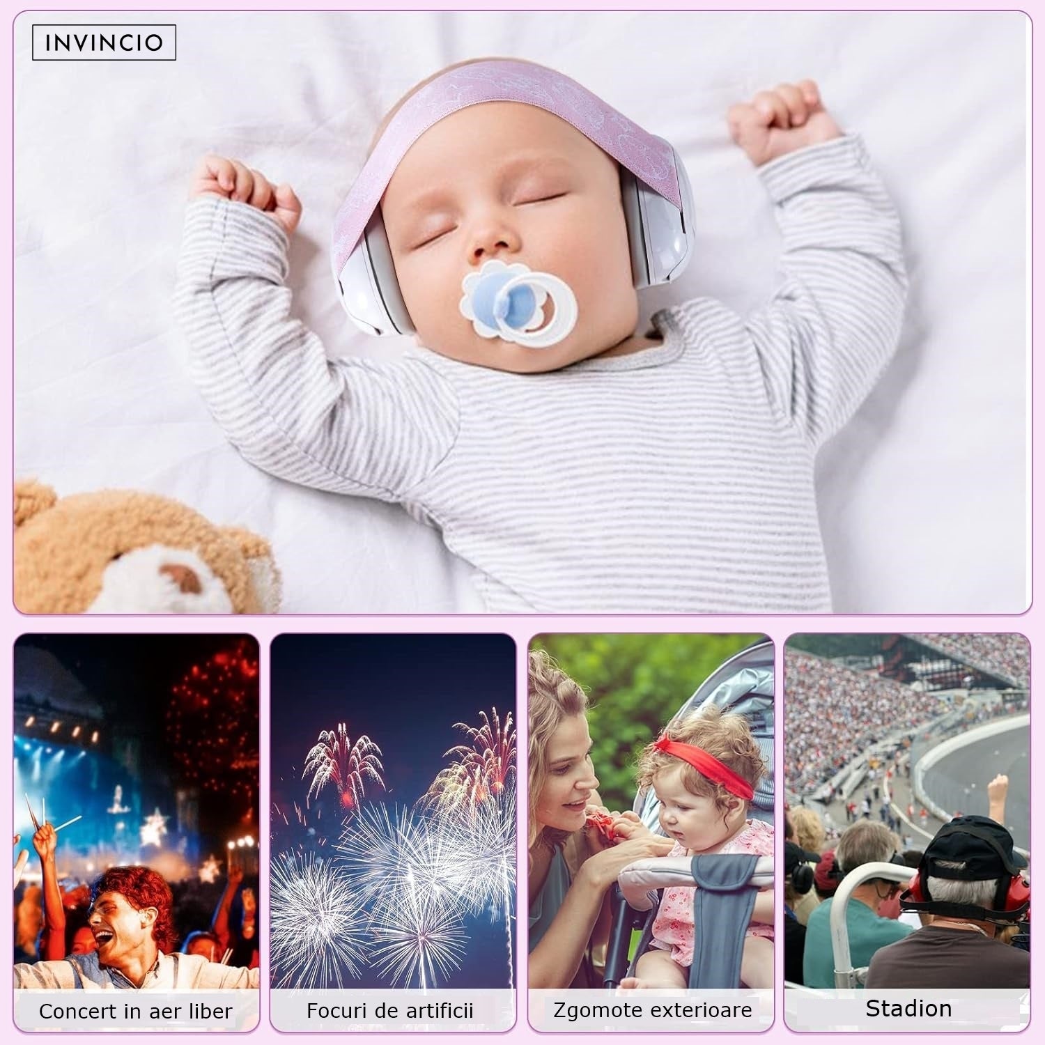 Casti Antifonate Invincio Baby Protection pentru bebelusi, protectie auditiva, marime reglabila, bebelusi 3-36 luni, culoare roz