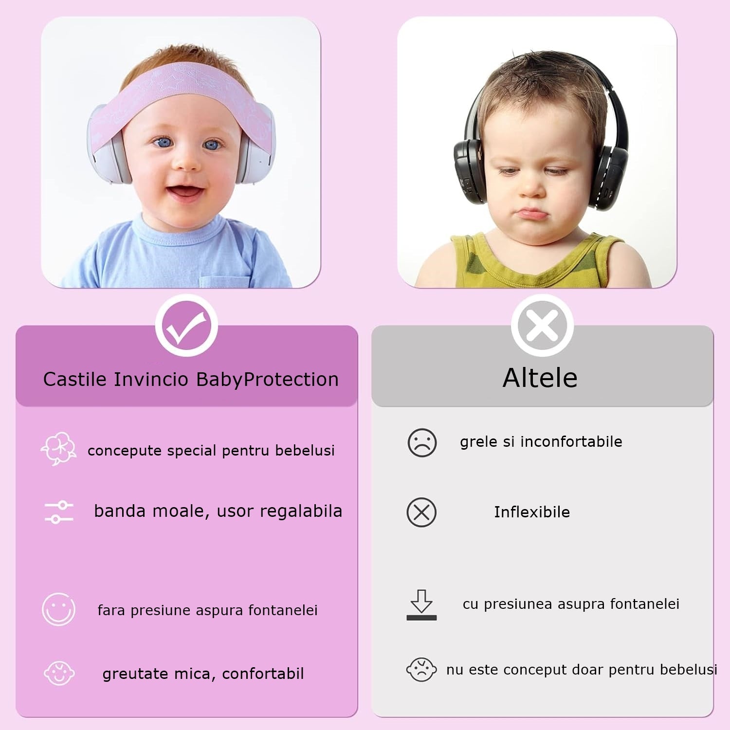 Casti Antifonate Invincio Baby Protection pentru bebelusi, protectie auditiva, marime reglabila, bebelusi 3-36 luni, culoare roz