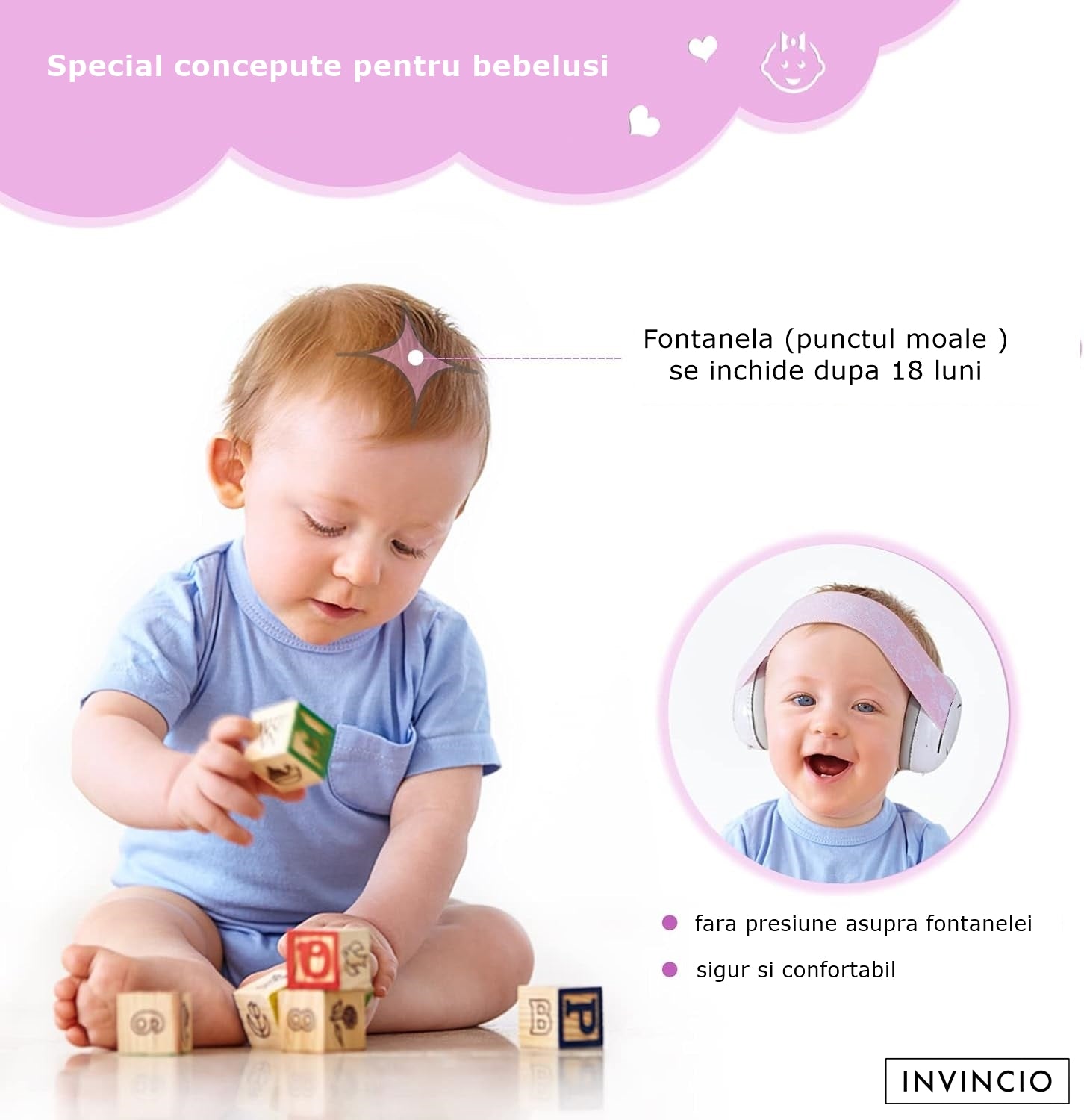 Casti Antifonate Invincio Baby Protection pentru bebelusi, protectie auditiva, marime reglabila, bebelusi 3-36 luni, culoare roz