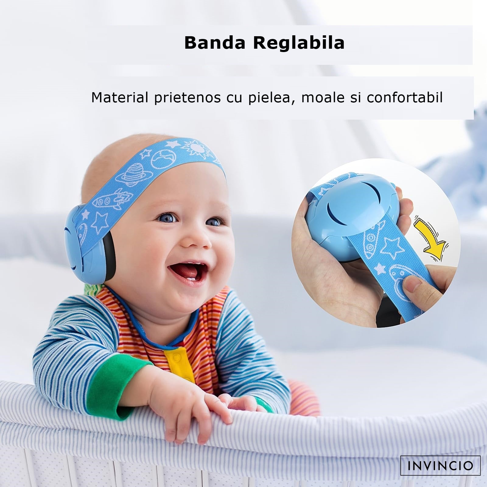 Casti Antifonate Invincio Baby Protection pentru bebelusi, protectie auditiva, marime reglabila, bebelusi 3-36 luni, culoare albastru