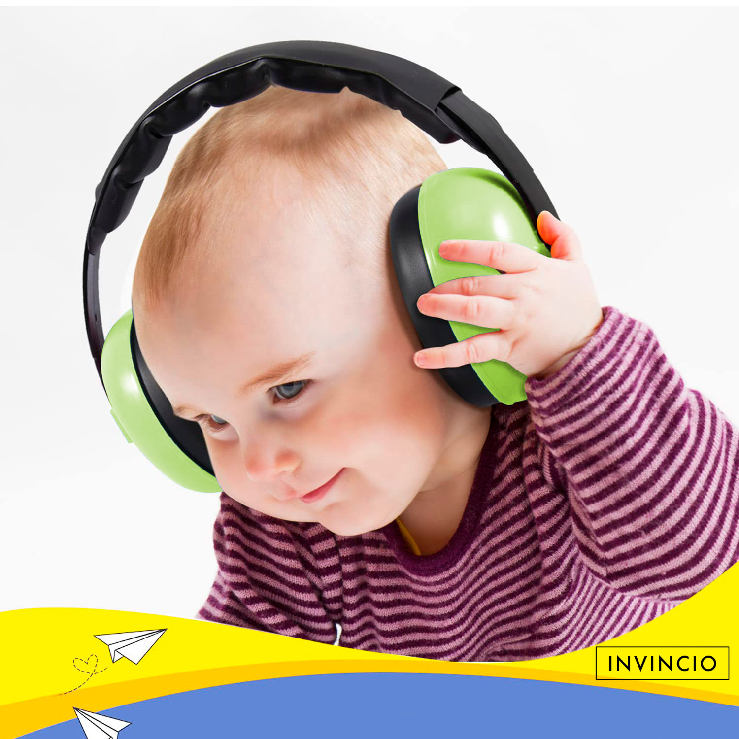 Casti antifonice pentru copii si bebelusi 3-36 luni Invincio Baby Comfort, marime reglabila, ergonomice, captusite, confortabile, usoare, pentru protectia auzului, reducere zgomot 20 dB, verde