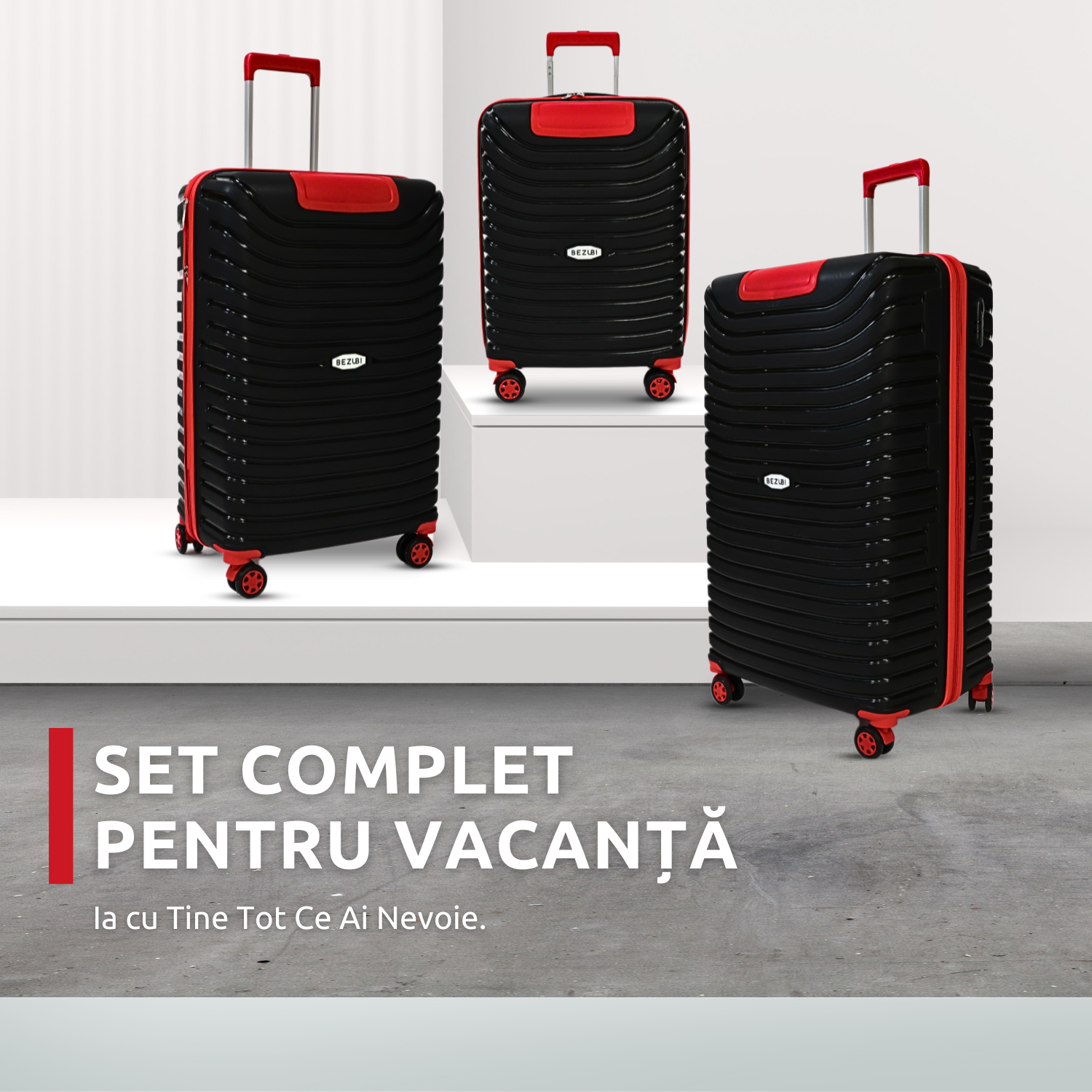 Set complet 3 trolere pentru vacanta, Negru-Rosu