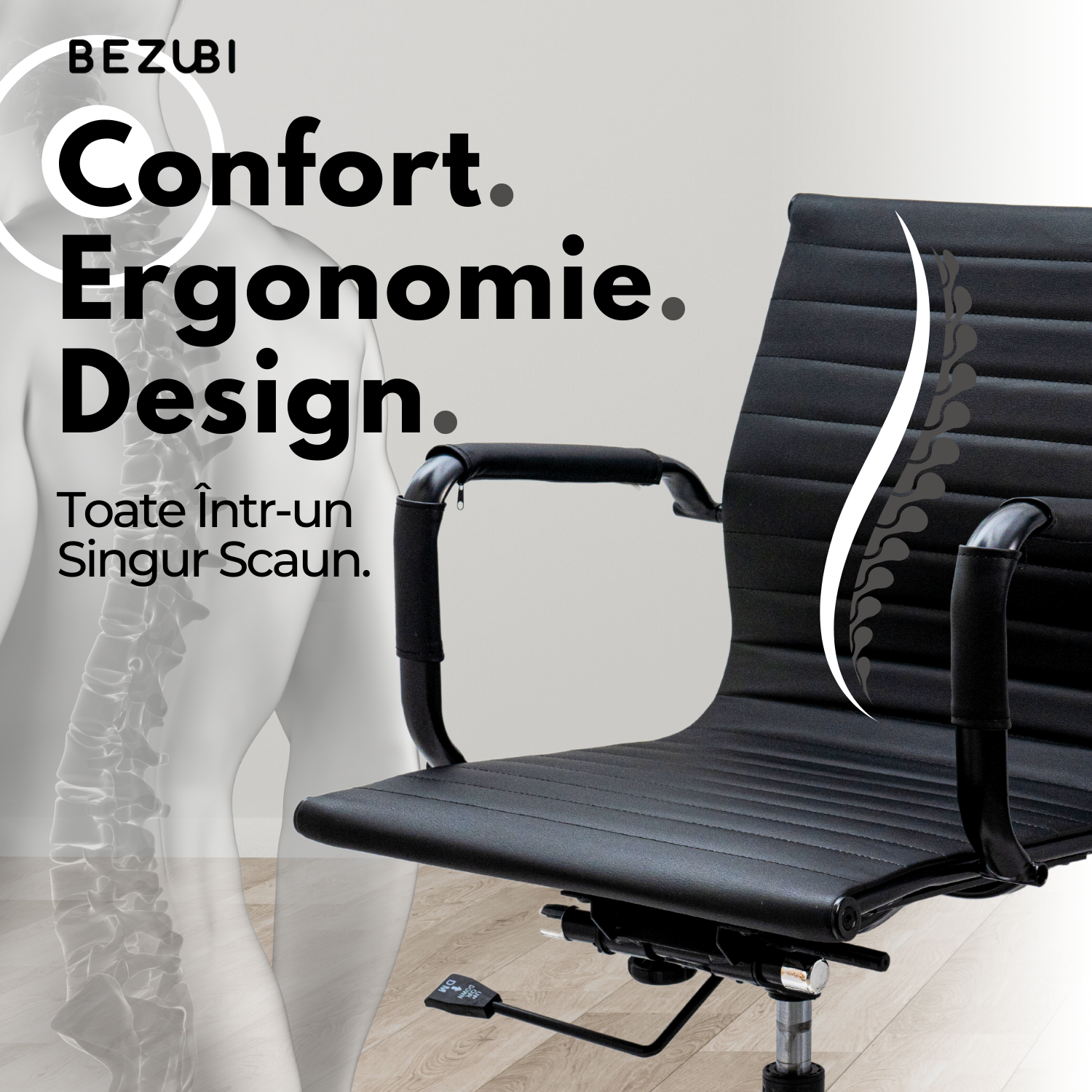 Scaun de birou Bezubi Confort, confortabil, pivotant, ergonomic cu spatar reglabil pe inaltime si inclinare, tapitat piele ecologica premium, suport pentru brate, cadru cromat, roti silentioase, negru