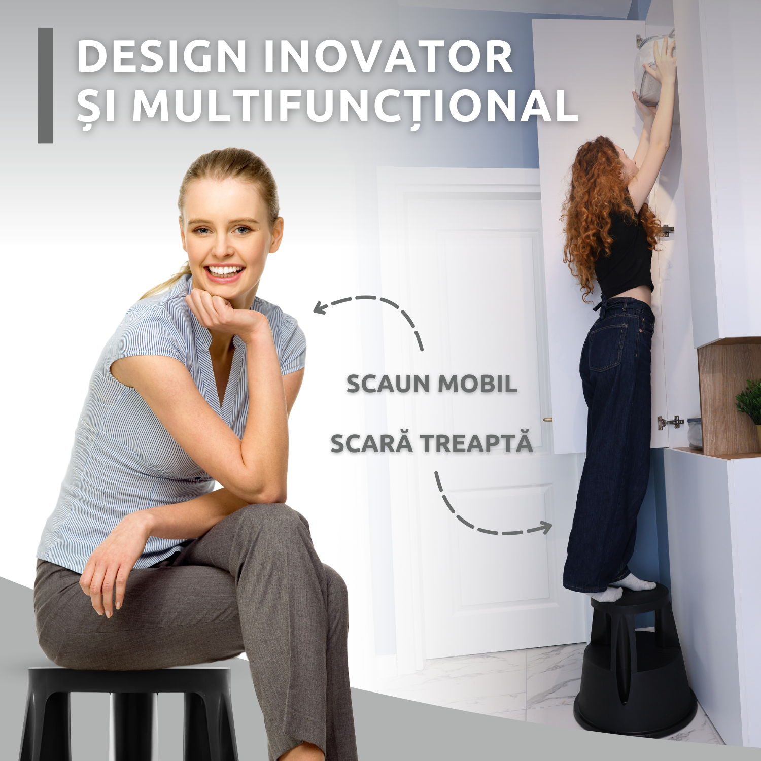 Taburet inaltator Bezubi Practic, tip scaun mobil cu role autoblocante, tip scara cu 2 trepte, ergonomic, versatil, stabil, sigur si confortabil, anti-alunecare, negru