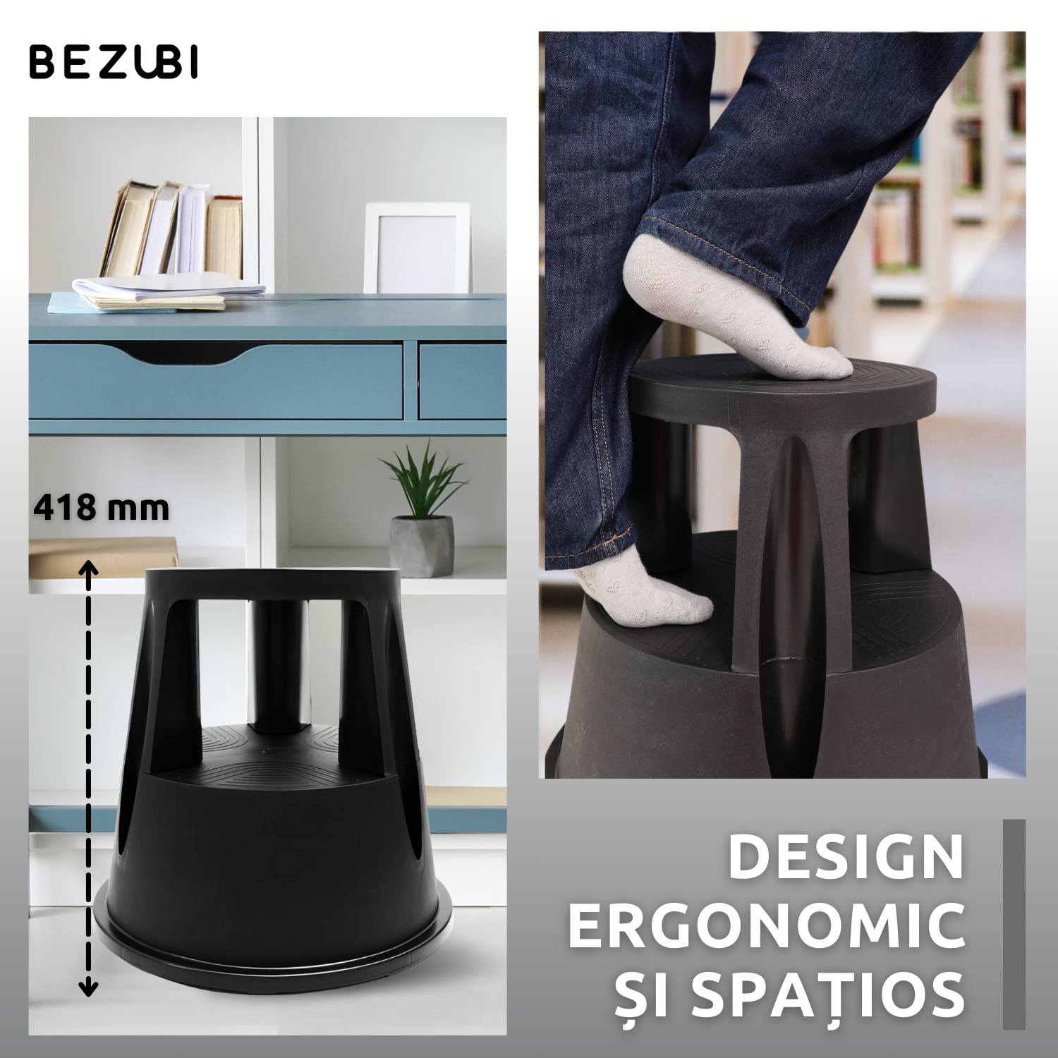 Taburet inaltator Bezubi Practic, tip scaun mobil cu role autoblocante, tip scara cu 2 trepte, ergonomic, versatil, stabil, sigur si confortabil, anti-alunecare, negru