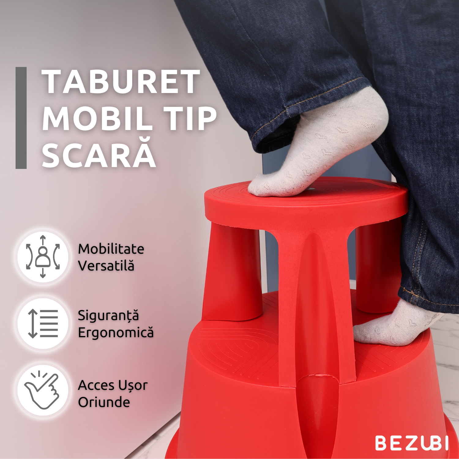Taburet inaltator Bezubi Practic, tip scaun mobil cu role autoblocante, tip scara cu 2 trepte, ergonomic, versatil, stabil, sigur si confortabil, anti-alunecare, rosu