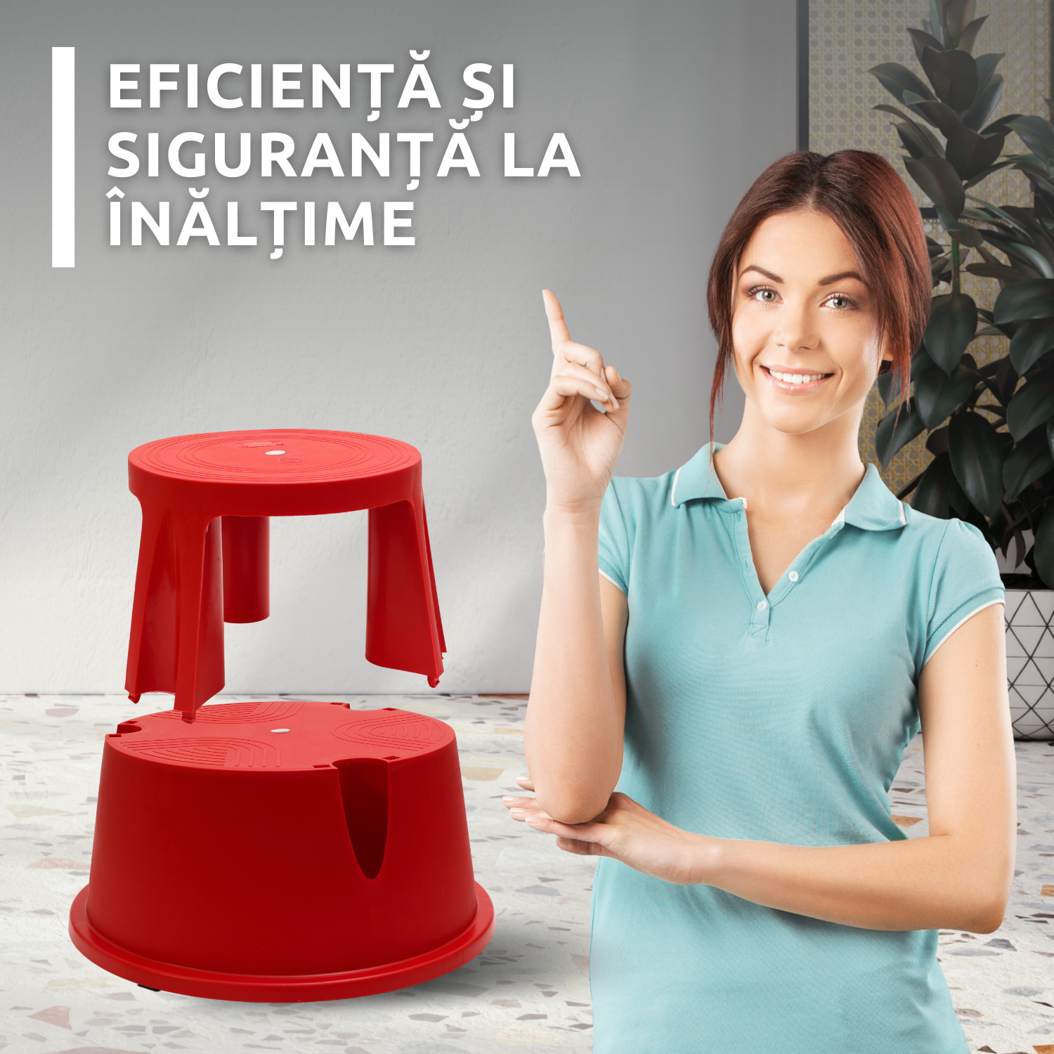 Taburet inaltator Bezubi Practic, tip scaun mobil cu role autoblocante, tip scara cu 2 trepte, ergonomic, versatil, stabil, sigur si confortabil, anti-alunecare, rosu