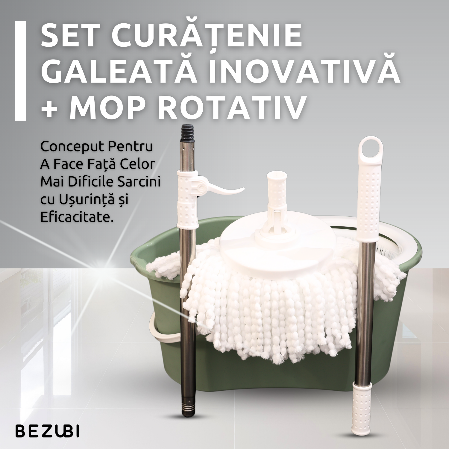 Set de curatenie complet Bezubi Flora, galeata cu centrifuga si mop rotund rotativ, usor de folosit, rotire 360 grade, sistem stoarcere fara atingere si aplecare, absorbtie ridicata, maner telescopic versatil, 16 Litri, verde