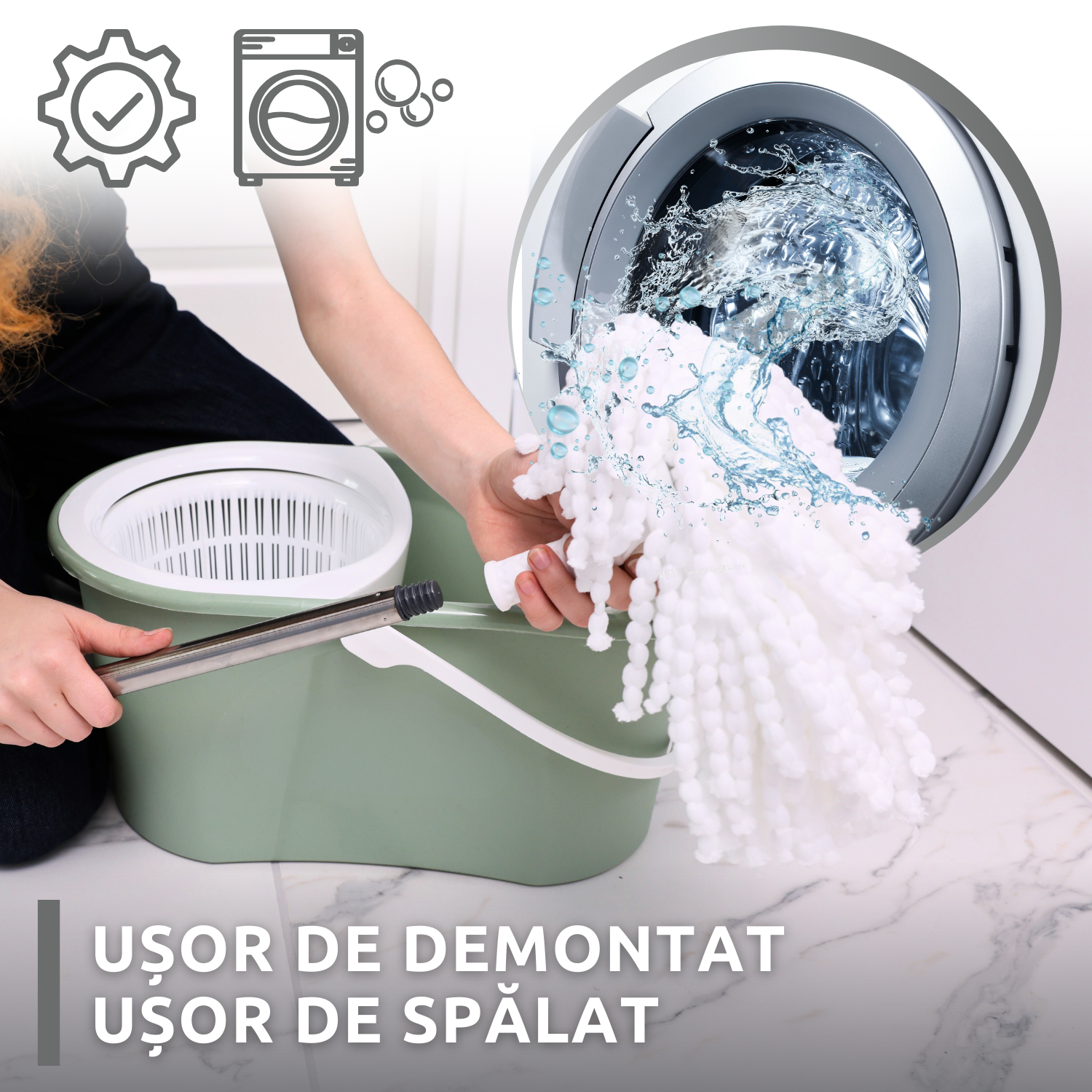 Set de curatenie complet Bezubi Flora, galeata cu centrifuga si mop rotund rotativ, usor de folosit, rotire 360 grade, sistem stoarcere fara atingere si aplecare, absorbtie ridicata, maner telescopic versatil, 16 Litri, verde