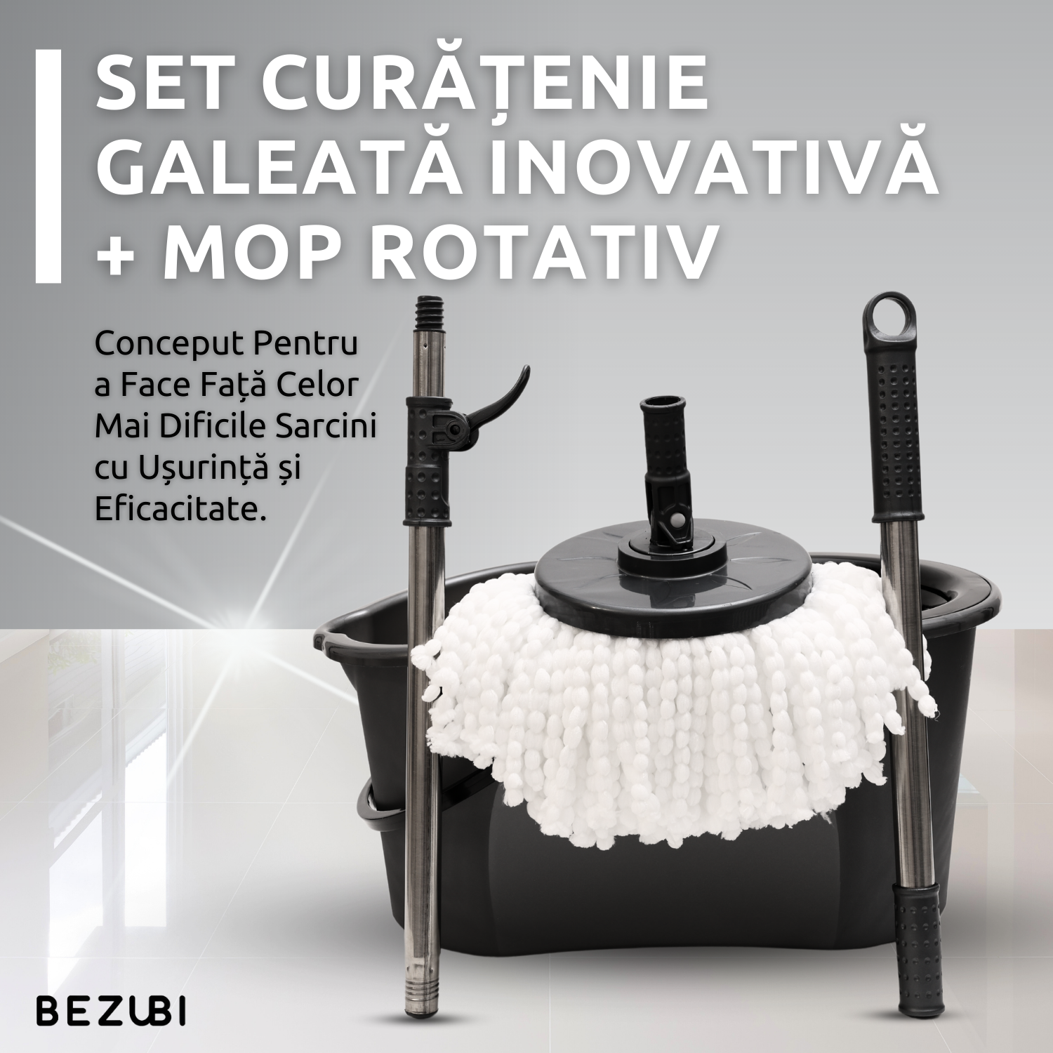 Set de curatenie complet Bezubi Flora, galeata cu centrifuga si mop rotund rotativ, usor de folosit, rotire 360 grade, sistem stoarcere fara atingere si aplecare, absorbtie ridicata, maner telescopic versatil, 16 Litri, gri