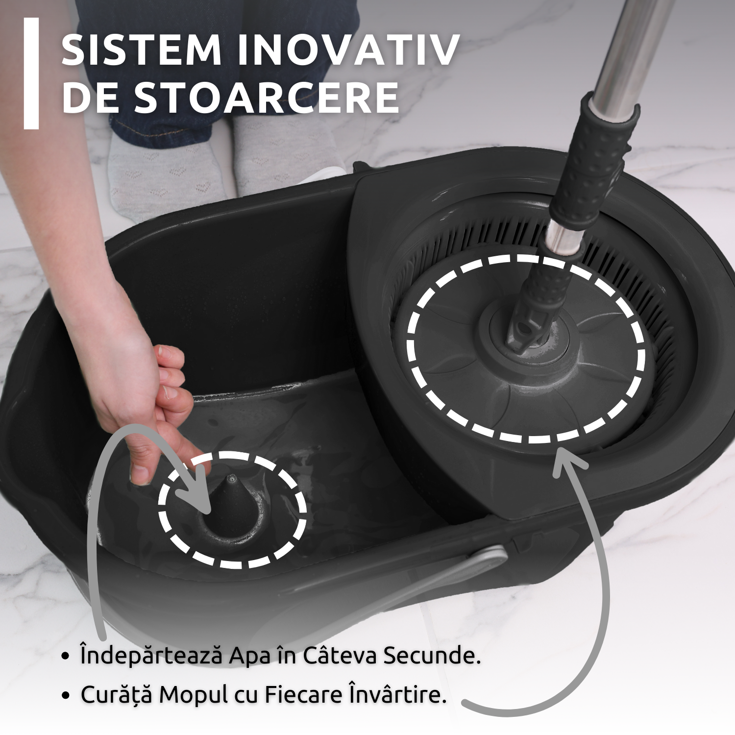 Set de curatenie complet Bezubi Flora, galeata cu centrifuga si mop rotund rotativ, usor de folosit, rotire 360 grade, sistem stoarcere fara atingere si aplecare, absorbtie ridicata, maner telescopic versatil, 16 Litri, gri