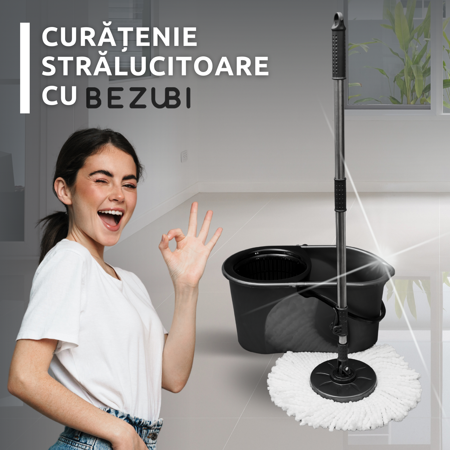 Set de curatenie complet Bezubi Flora, galeata cu centrifuga si mop rotund rotativ, usor de folosit, rotire 360 grade, sistem stoarcere fara atingere si aplecare, absorbtie ridicata, maner telescopic versatil, 16 Litri, gri