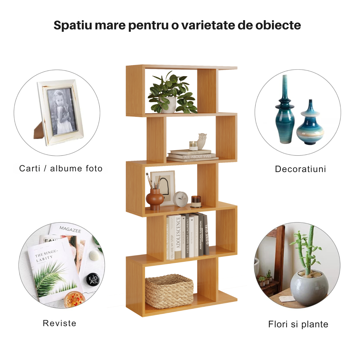 Biblioteca Multifunctionala Bezubi Santorini, 5 rafturi, Design Modern si Elegant, Stabila, Rezistenta la Zgariere, Usor de asamblat, Sigura si Eco-Friendly, Maro