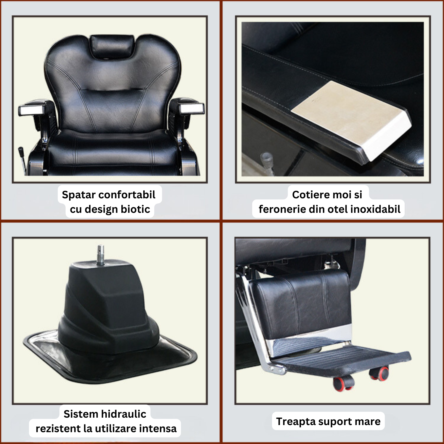 Scaun profesional pentru frizierie Invincio ProBarber 2, versatil, materiale premium, structura otel cromat, disc galvanizat, piston hidraulic, rotire la 360 de grade, spatar rabatabil, inaltime reglabila, piele ecologica, negru mat