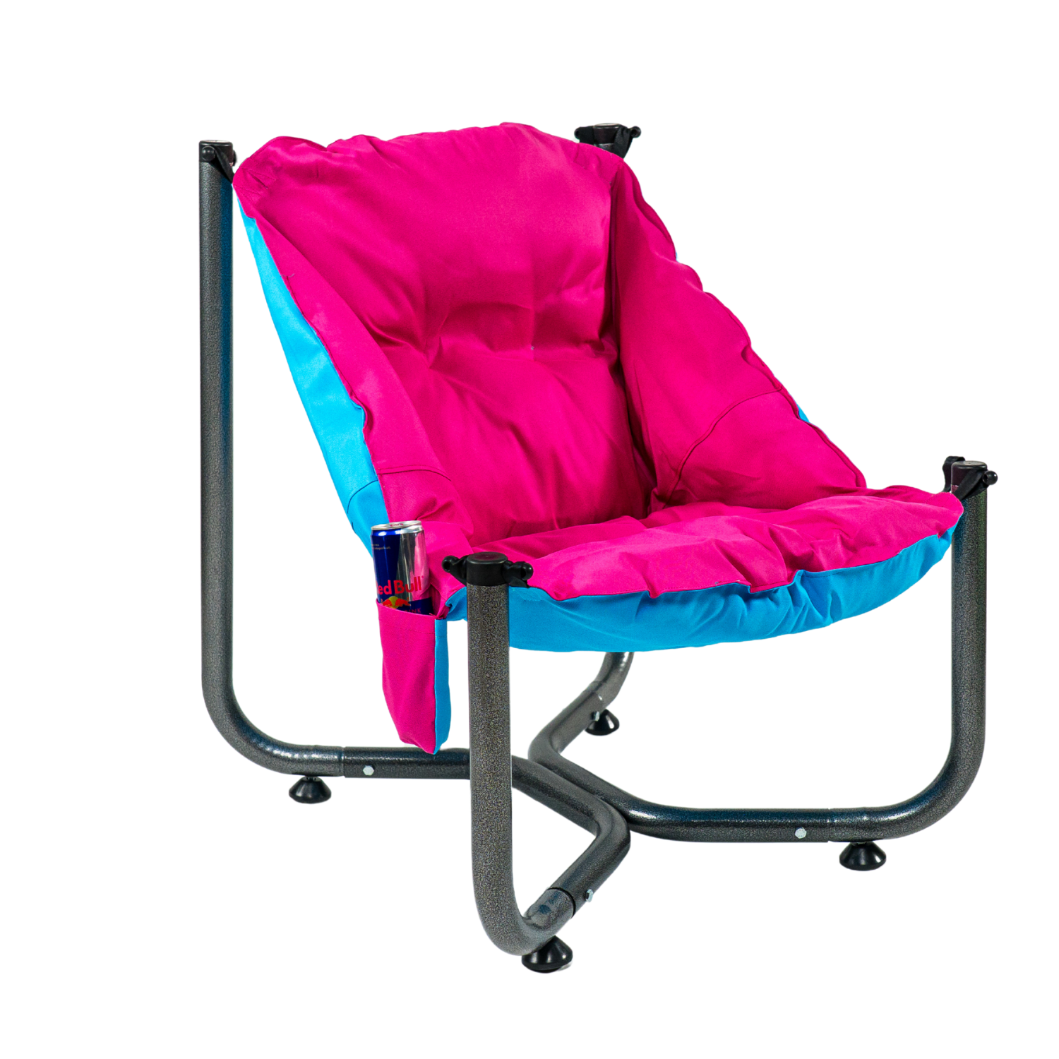 Scaun de plaja, gradina, pescuit si camping, Bezubi Campster, sezlong design ergonomic si demontabil, perna matlasata confortabila cu doua fete, buzunar lateral, material rezistent la umezeala, lavabil, fucsia-albastru