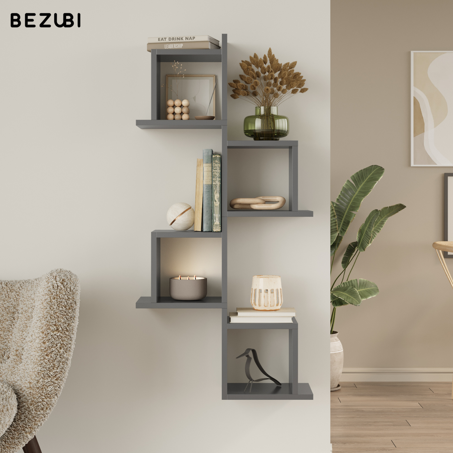 Etajera de perete modulara dubla Capri, design geometric modern, 2 rafturi cubice, montaj usor, dimensiuni 58x60x20 cm, ideala pentru carti, decoratiuni si plante, gri