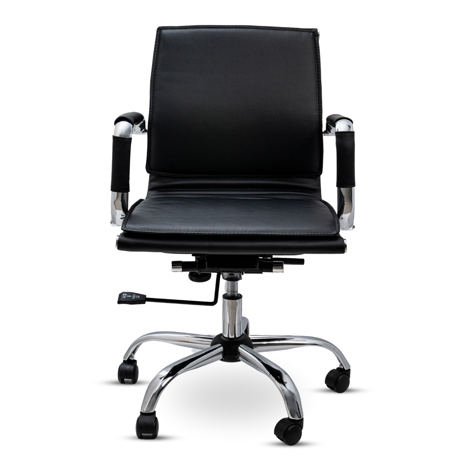 Scaun de birou Bezubi Office, confortabil, pivotant, ergonomic cu spatar reglabil pe inaltime si inclinare, tapitat piele ecologica premium, suport pentru brate, cadru cromat, roti silentioase, negru