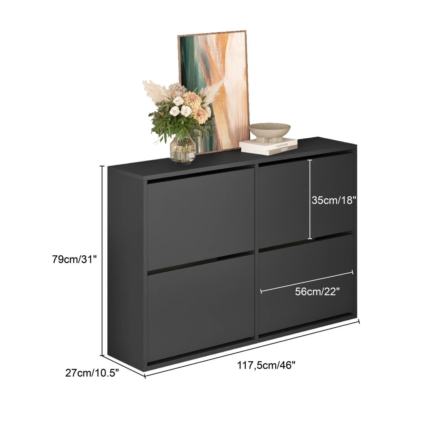 Pantofar cu 4 compartimente, capacitate pana la 16 perechi pantofi, mobilier hol, design slim, organizator pantofi, dimensiuni 117, 5 x 27 x 79 cm, structura rezistenta, aspect modern, gri