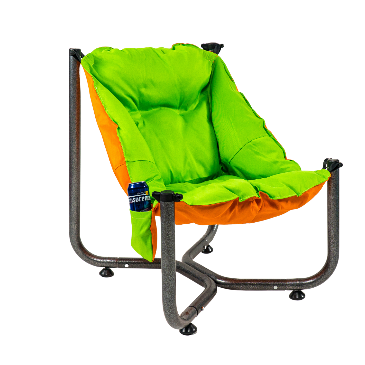 Scaun de plaja, gradina, pescuit si camping, Bezubi Campster, sezlong design ergonomic si demontabil, perna matlasata confortabila cu doua fete, buzunar lateral, material rezistent la umezeala, lavabil, verde-portocaliu