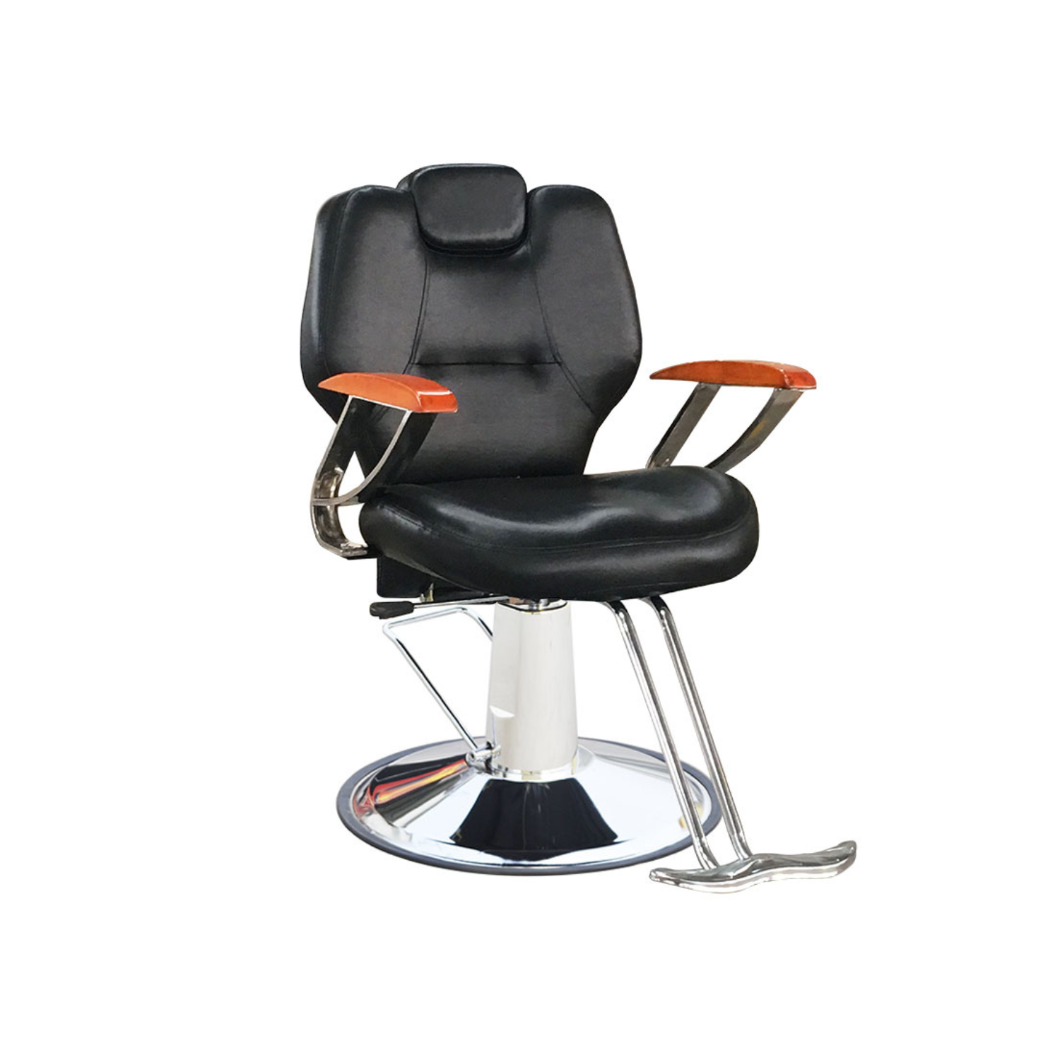 Scaun profesional pentru frizerie si barber shop Invincio™ PRO, Rotire la 360 grade, Rabatabil 180 grade, Piston hidraulic, Reglabil pe inaltime, Tetiera reglabila, Piele ecologica, Negru portocaliu