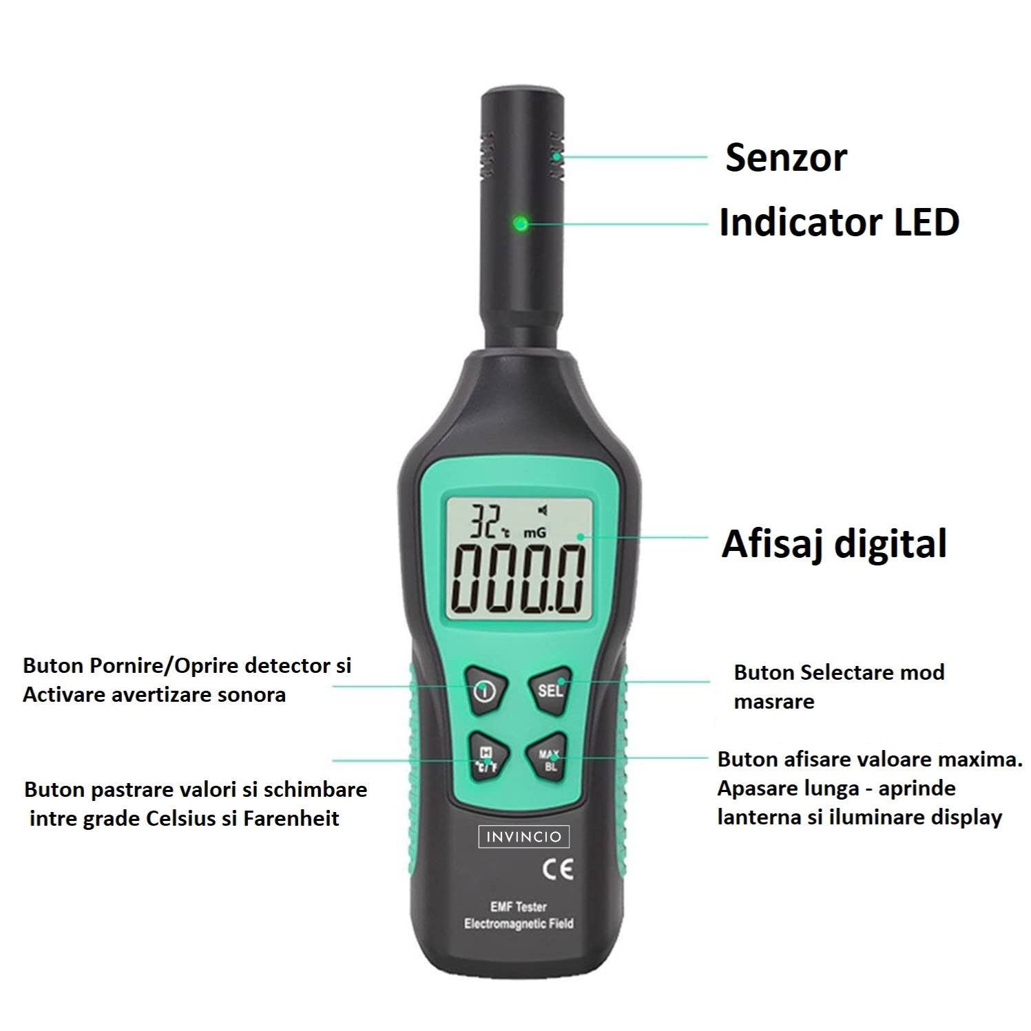 Detector radiatii electro-magnetice Invincio, detectie mG/µT/(V/M), display LCD iluminat, masoara si temperatura ℃/℉, functie memorare valoare maxima, lanterna, culoare verde