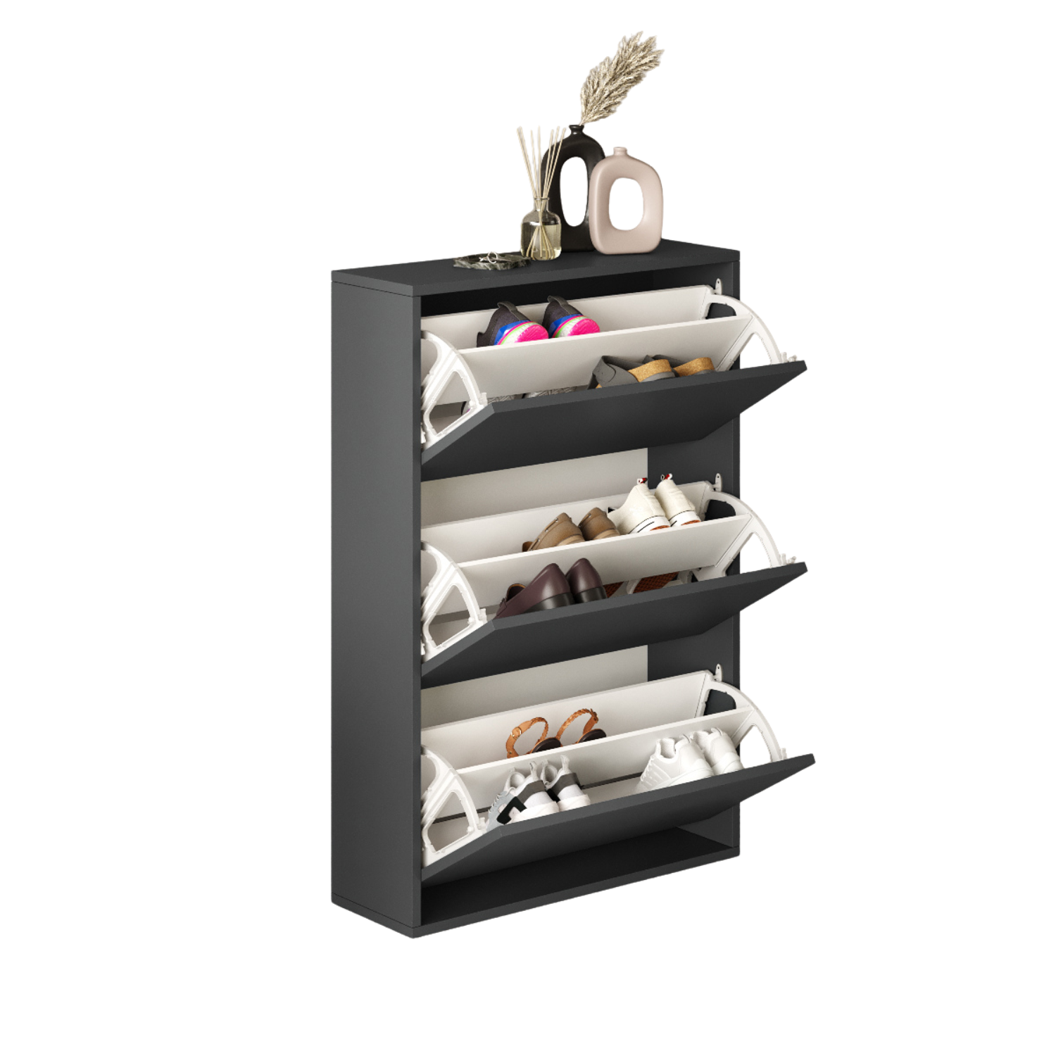 Pantofar Slim pentru Incaltaminte, Bezubi Bilbao, 3 Sertare, capacitate pana la 18 perechi, 110 X 73 X 24 cm, Sistem anti-inclinare, Design Subtire, Economie de Spatiu, pentru Hol, Dormitor sau Living, gri