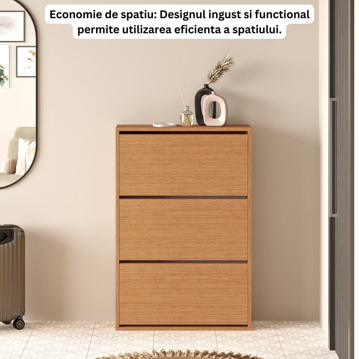 Pantofar Slim pentru Incaltaminte, Bezubi Bilbao, 3 Sertare, capacitate pana la 18 perechi, 110 X 73 X 24 cm, Sistem anti-inclinare, Design Subtire, Economie de Spatiu, pentru Hol, Dormitor sau Living, maro