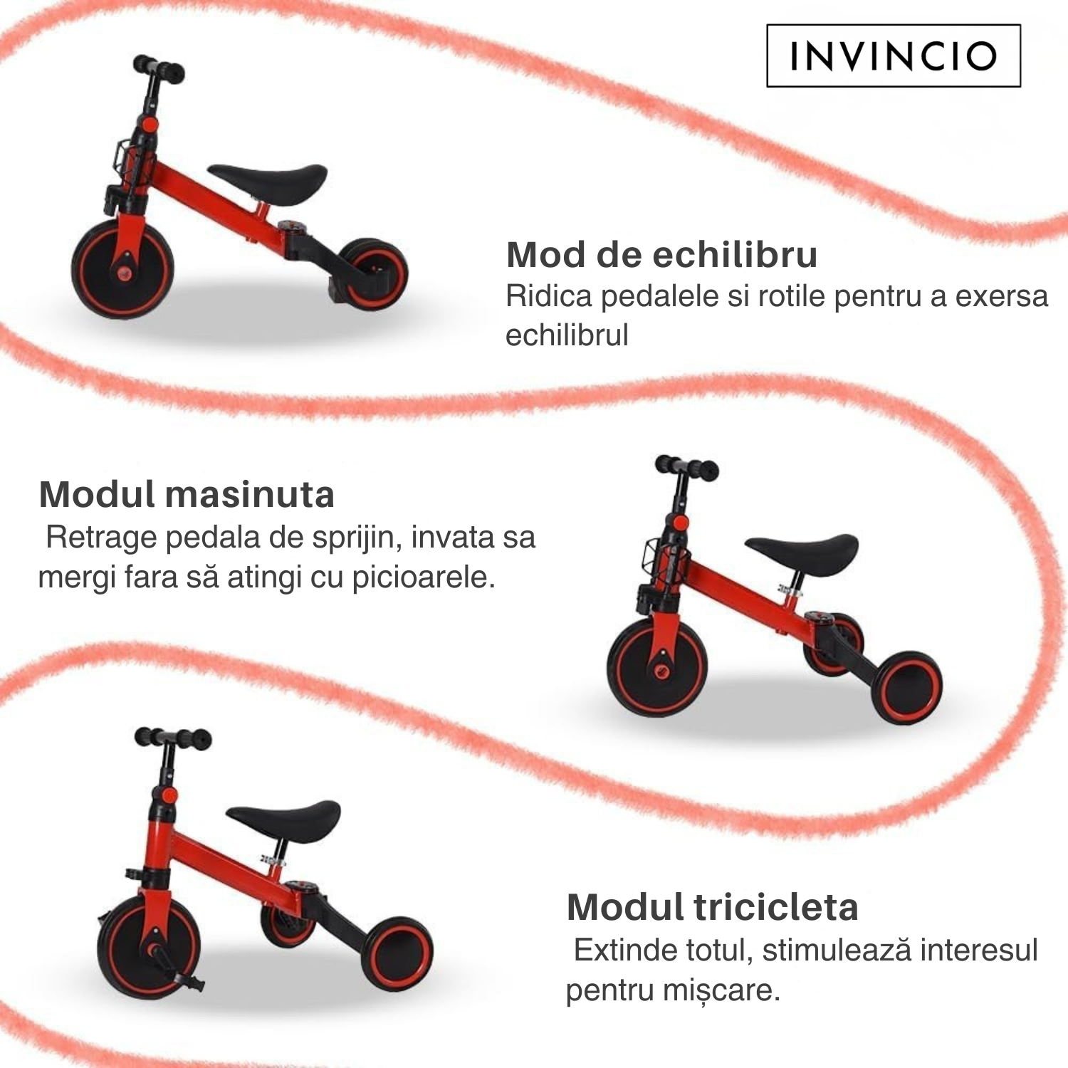Invincio Micul Campion EasyRide 2–5 ani – Tricicleta 4-in-1 cu maner parental, rosu