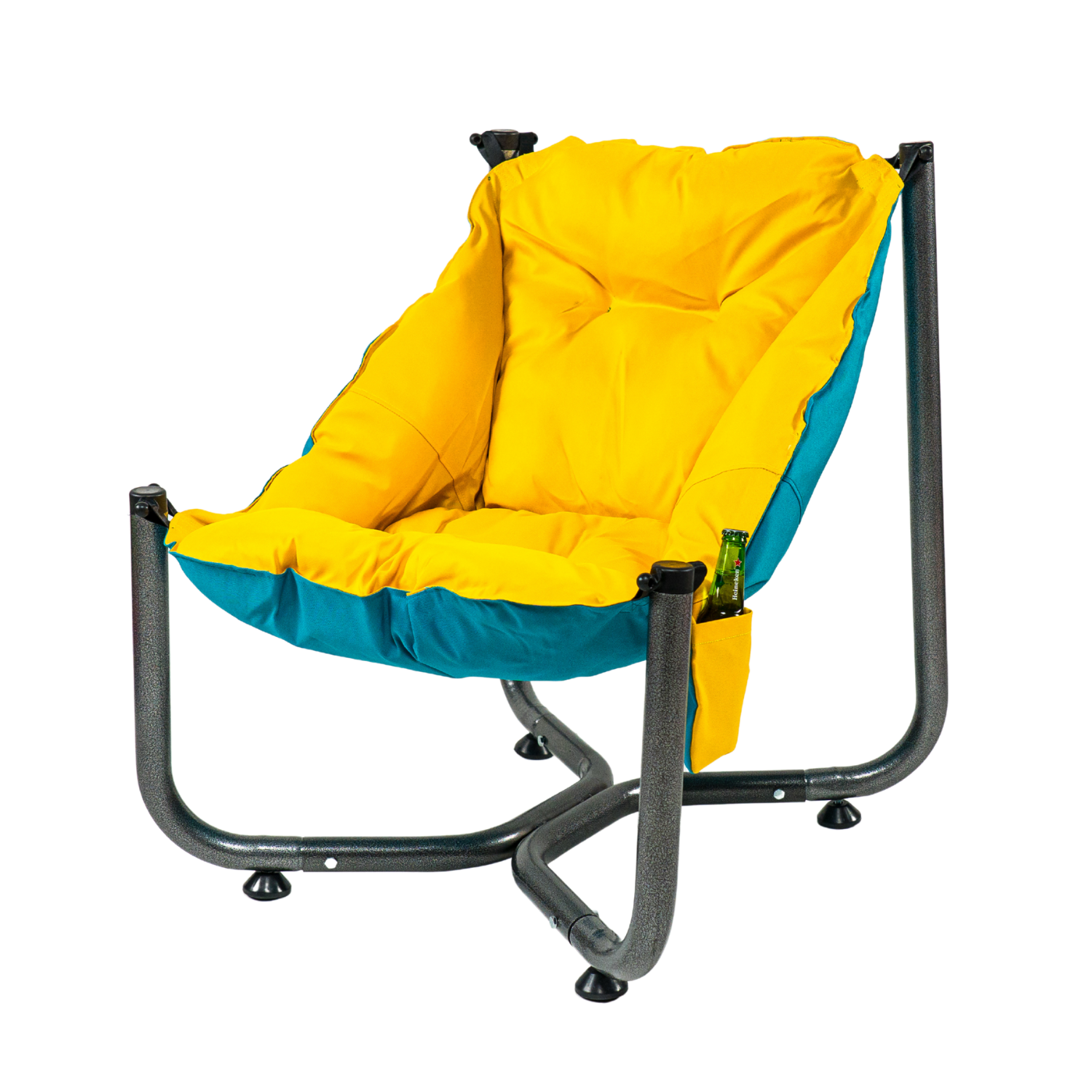 Scaun de plaja, gradina, pescuit si camping, Bezubi Campster, sezlong design ergonomic si demontabil, perna matlasata confortabila cu doua fete, buzunar lateral, material rezistent la umezeala, lavabil, galben-turcoaz