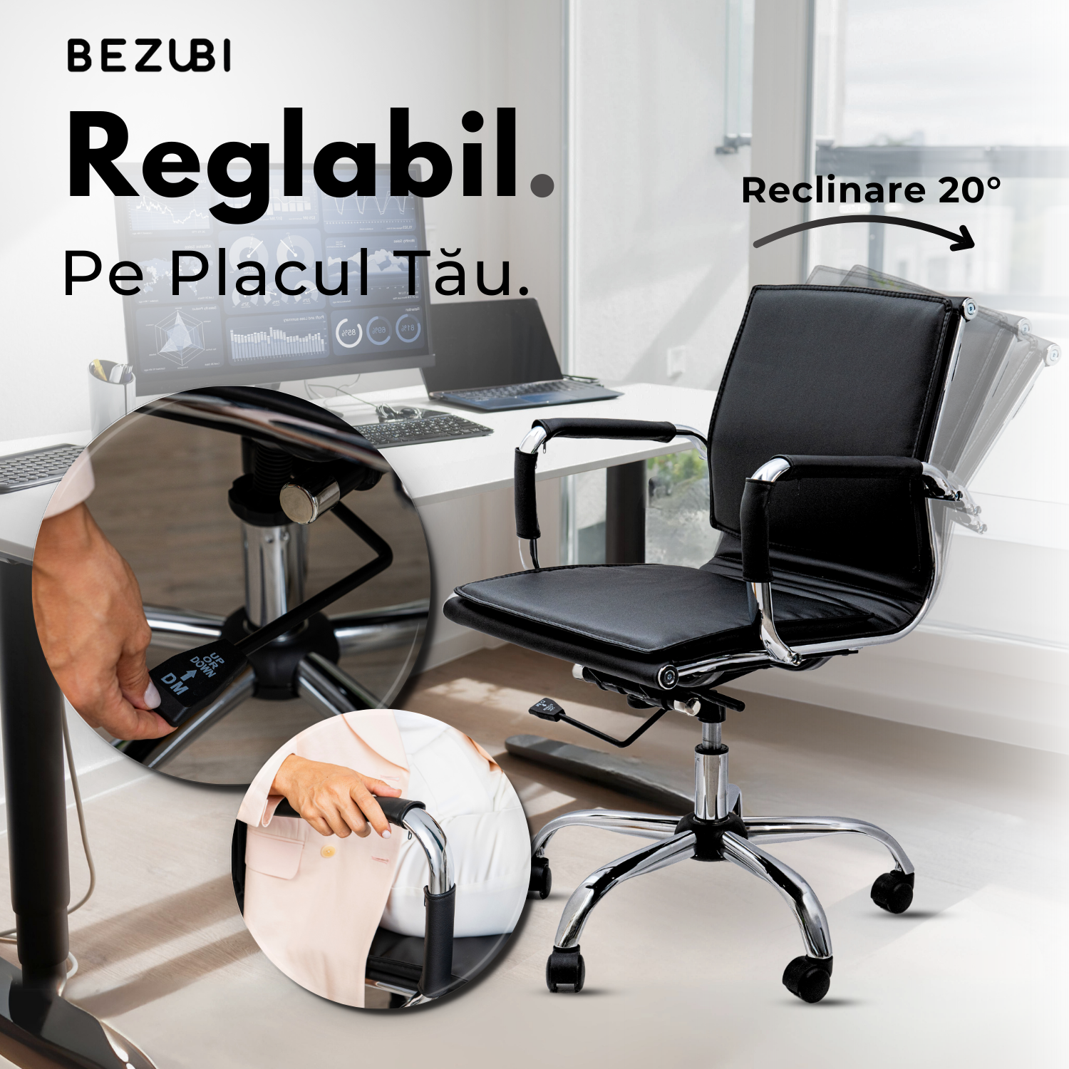 Scaun de birou Bezubi Office, confortabil, pivotant, ergonomic cu spatar reglabil pe inaltime si inclinare, tapitat piele ecologica premium, suport pentru brate, cadru cromat, roti silentioase, negru