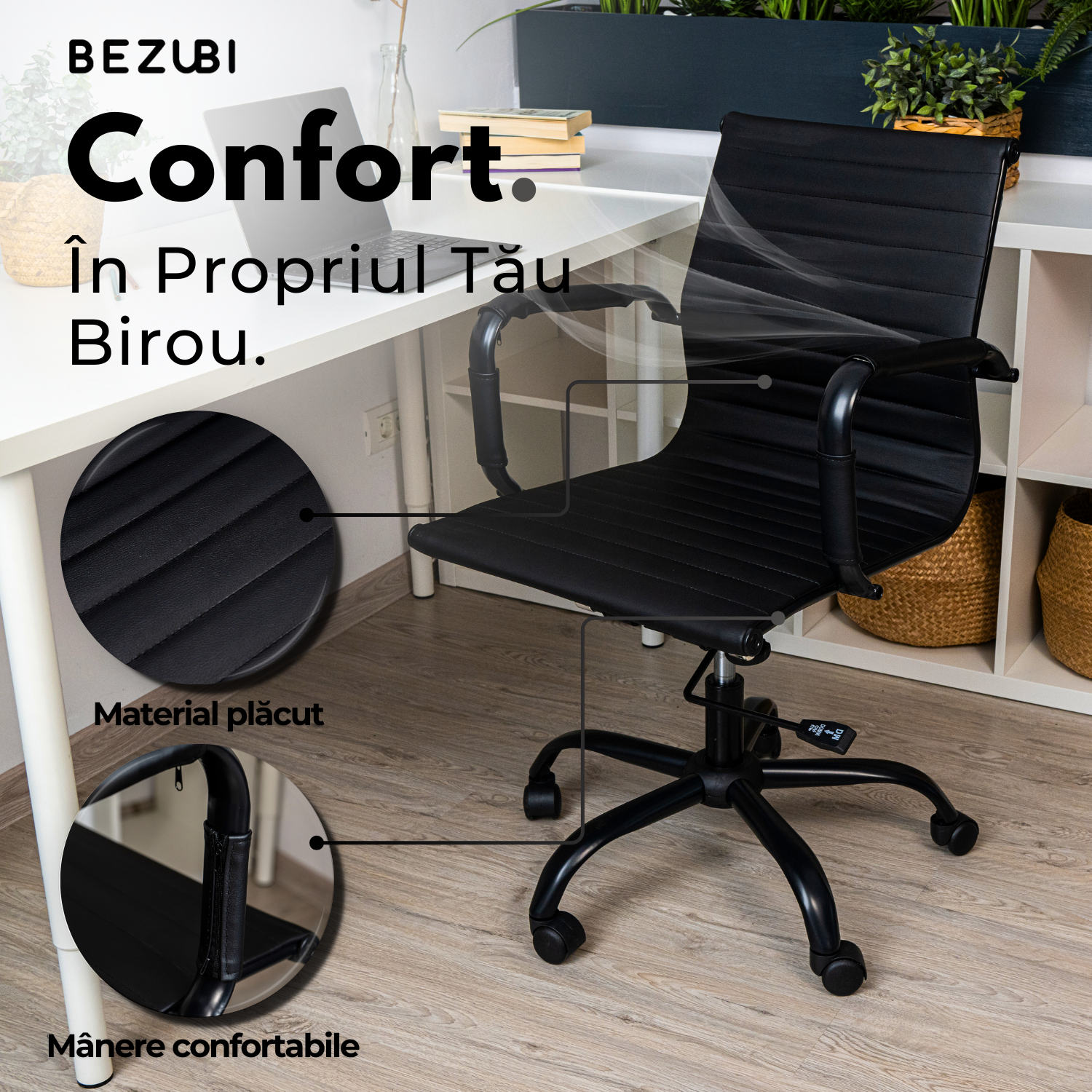 Scaun de birou Bezubi Confort, confortabil, pivotant, ergonomic cu spatar reglabil pe inaltime si inclinare, tapitat piele ecologica premium, suport pentru brate, cadru cromat, roti silentioase, negru