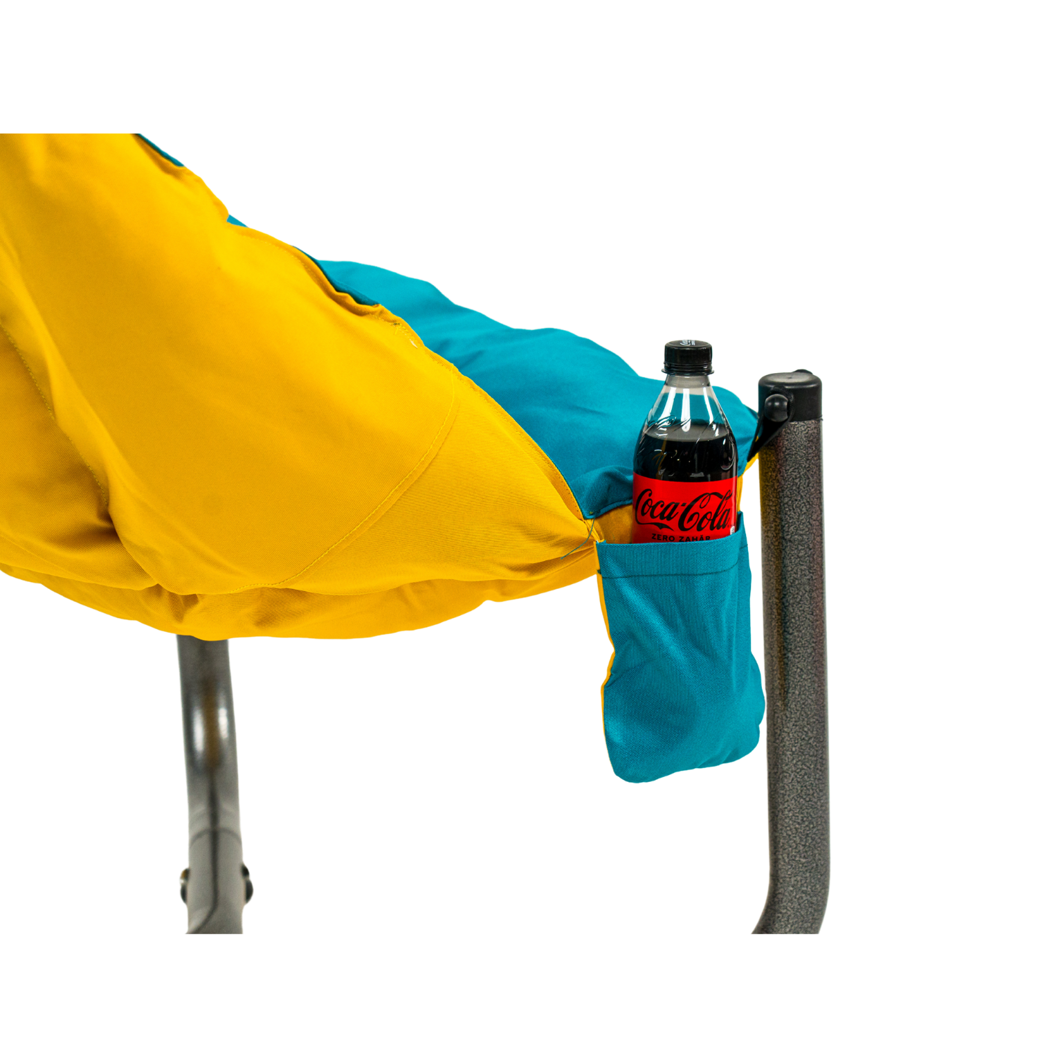 Scaun de plaja, gradina, pescuit si camping, Bezubi Campster, sezlong design ergonomic si demontabil, perna matlasata confortabila cu doua fete, buzunar lateral, material rezistent la umezeala, lavabil, galben-turcoaz