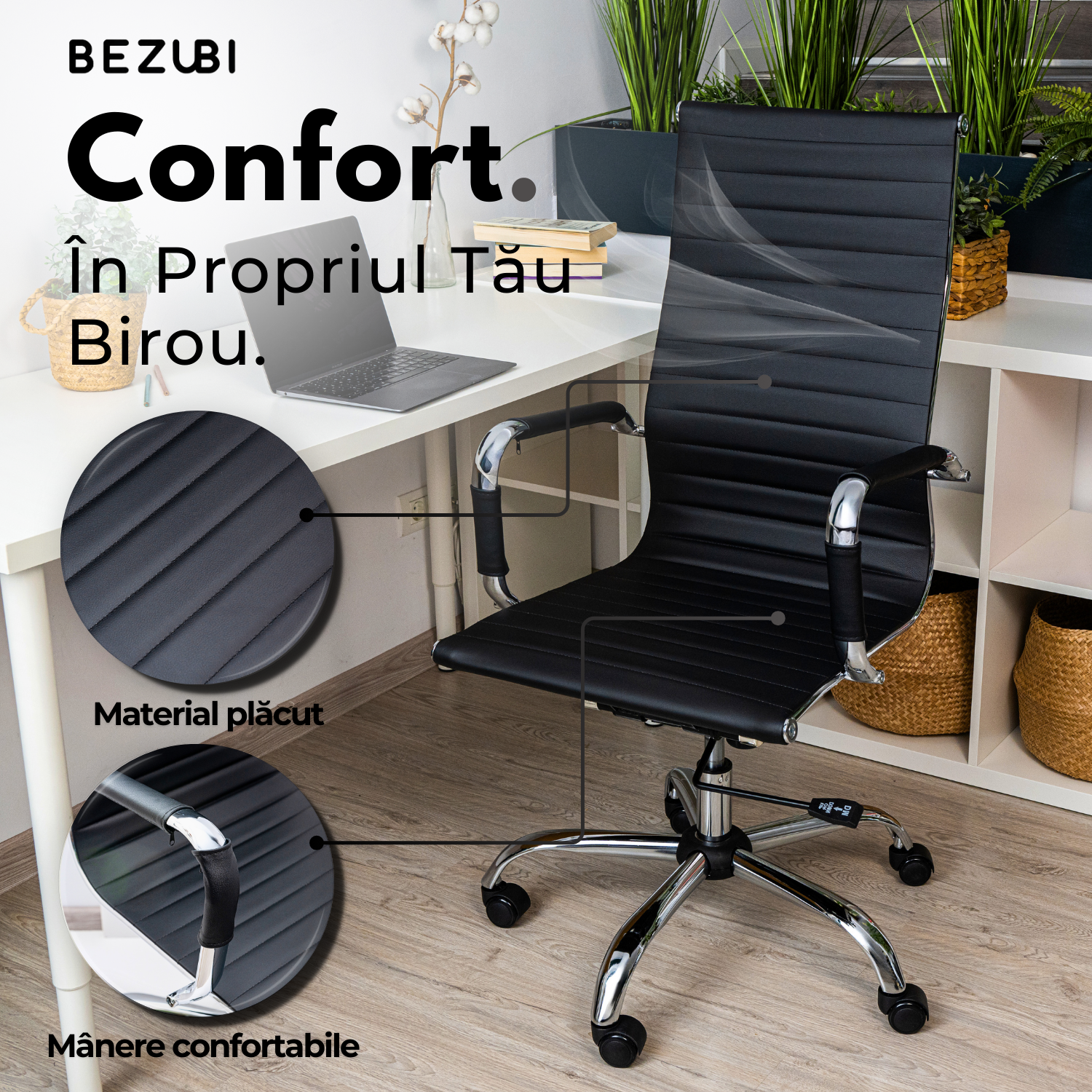 Scaun de birou Bezubi Executive, confortabil, pivotant, ergonomic cu spatar inalt, reglabil pe inaltime si inclinare, tapitat piele ecologica premium, suport pentru brate, cadru cromat, roti silentioase, negru