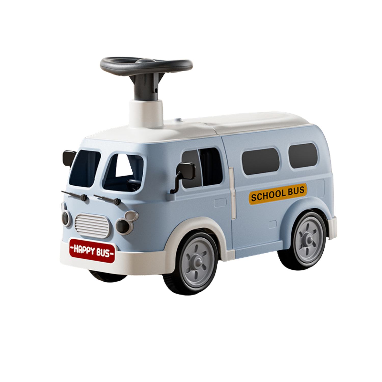 Scooter pentru copii, Bezubi Ride On, model autobuz, adecvat pentru copii 1-4 ani, fara pedale, structura stabila, roti anti-derapante si silentioase, muzica si lumini interactive, spatiu depozitare apa sau jucarii, alb-albastru