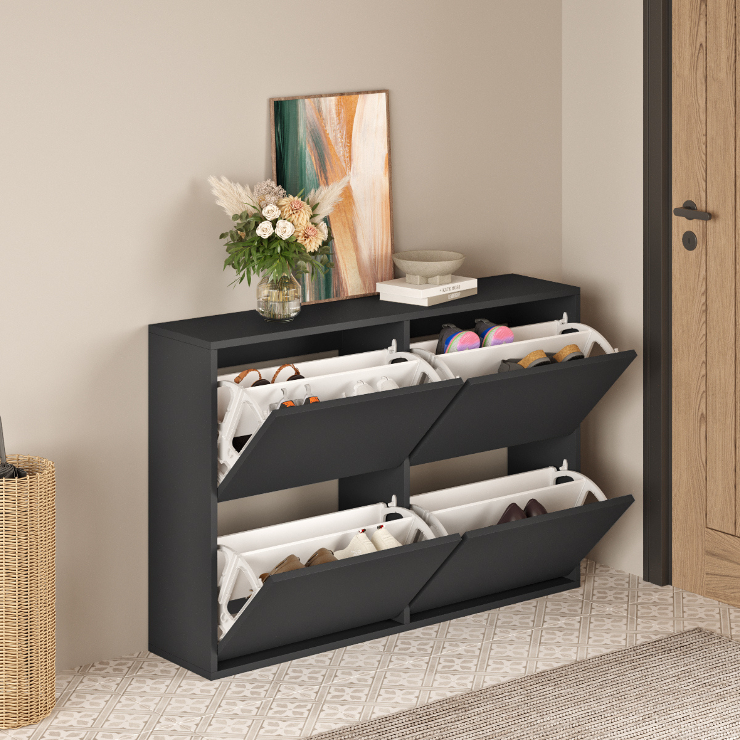 Pantofar cu 4 compartimente, capacitate pana la 16 perechi pantofi, mobilier hol, design slim, organizator pantofi, dimensiuni 117, 5 x 27 x 79 cm, structura rezistenta, aspect modern, gri