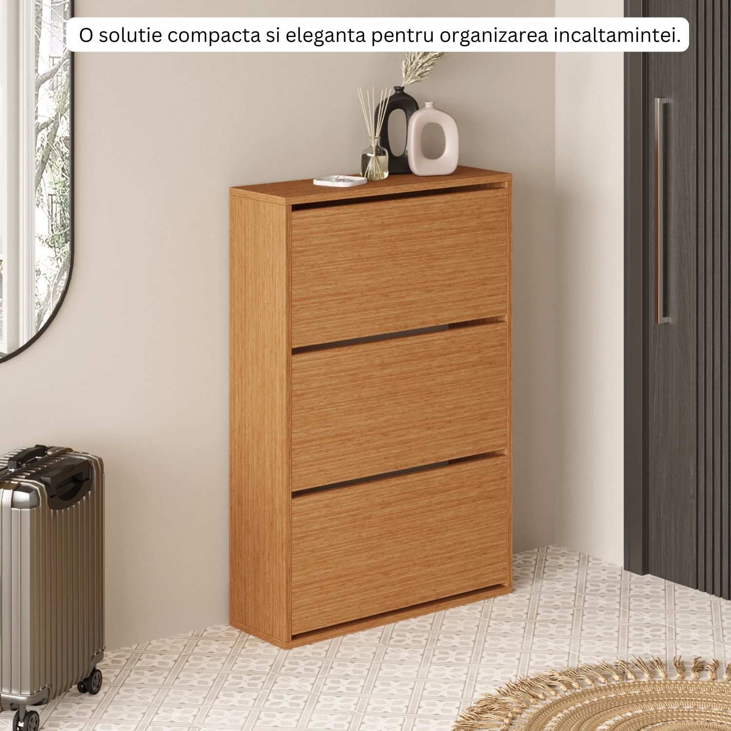 Pantofar Slim pentru Incaltaminte, Bezubi Bilbao, 3 Sertare, capacitate pana la 18 perechi, 110 X 73 X 24 cm, Sistem anti-inclinare, Design Subtire, Economie de Spatiu, pentru Hol, Dormitor sau Living, maro
