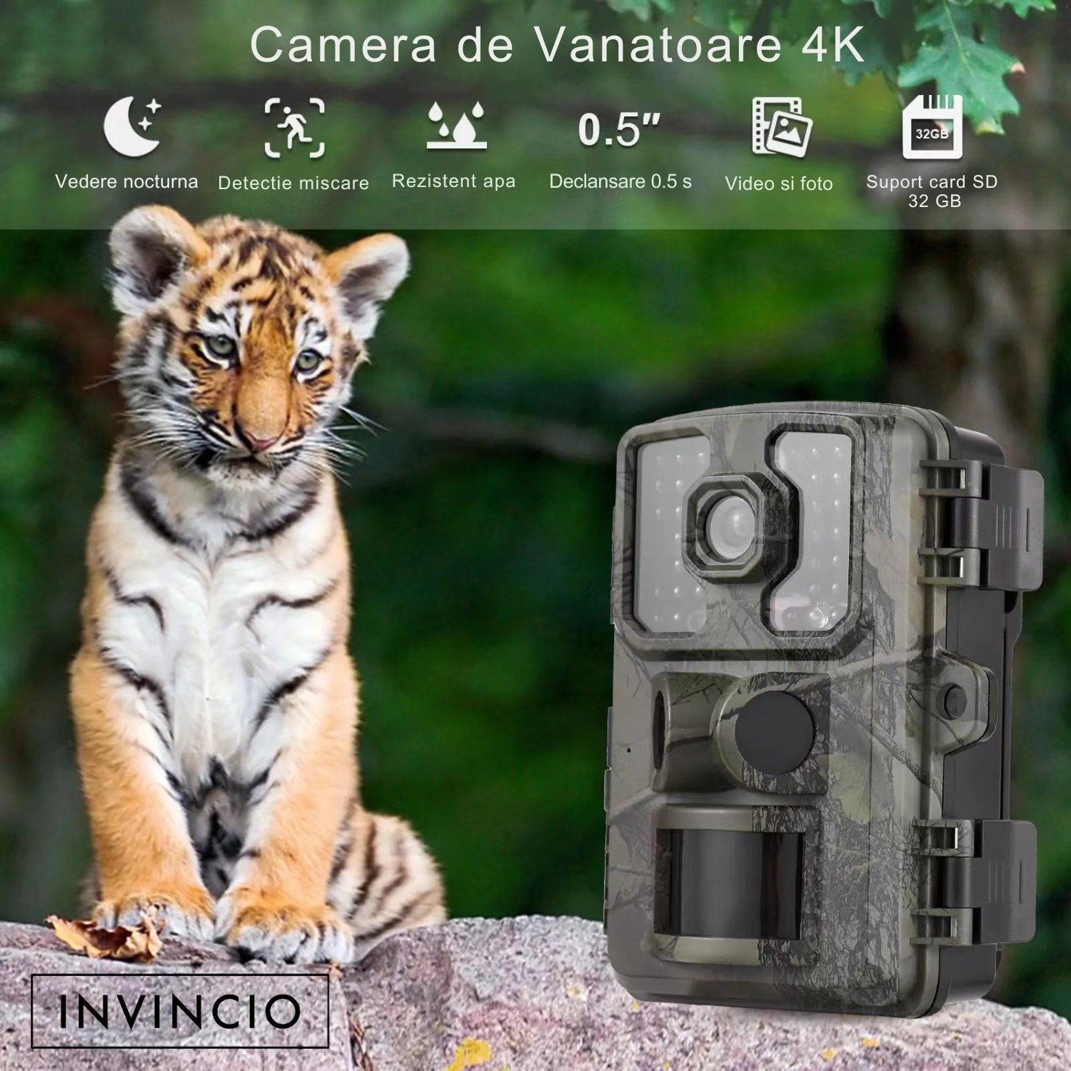 Camera de vanatoare, Invincio Hunter Trail 4K, cu senzor miscare, vedere nocturna IR, rezistent la apa, ecran 2.0 inch, detectie 10m, inregistrare video si foto simultan, alimentare baterii AA, ideala pentru observare fauna sau securitate, camuflaj