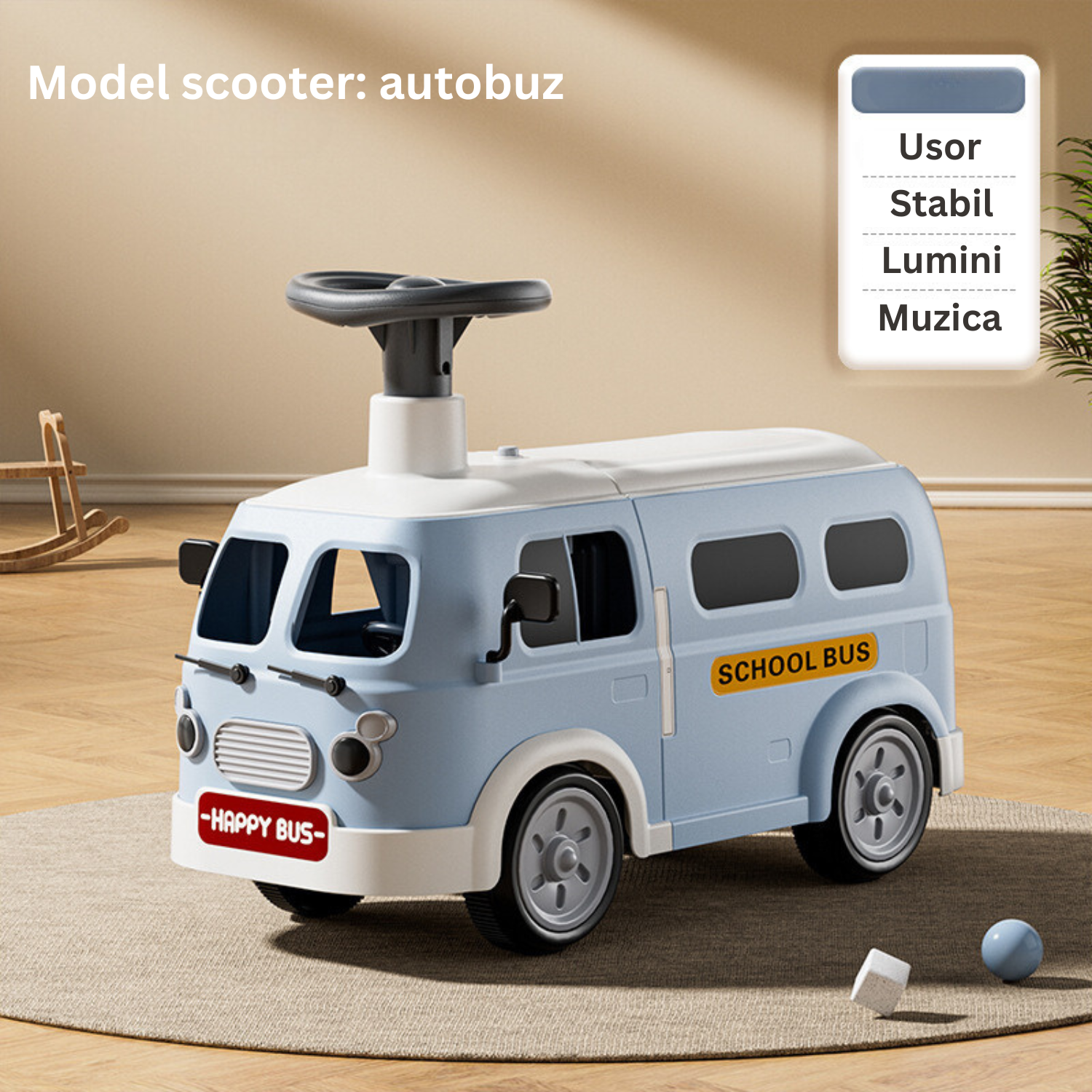 Scooter pentru copii, Bezubi Ride On, model autobuz, adecvat pentru copii 1-4 ani, fara pedale, structura stabila, roti anti-derapante si silentioase, muzica si lumini interactive, spatiu depozitare apa sau jucarii, alb-albastru