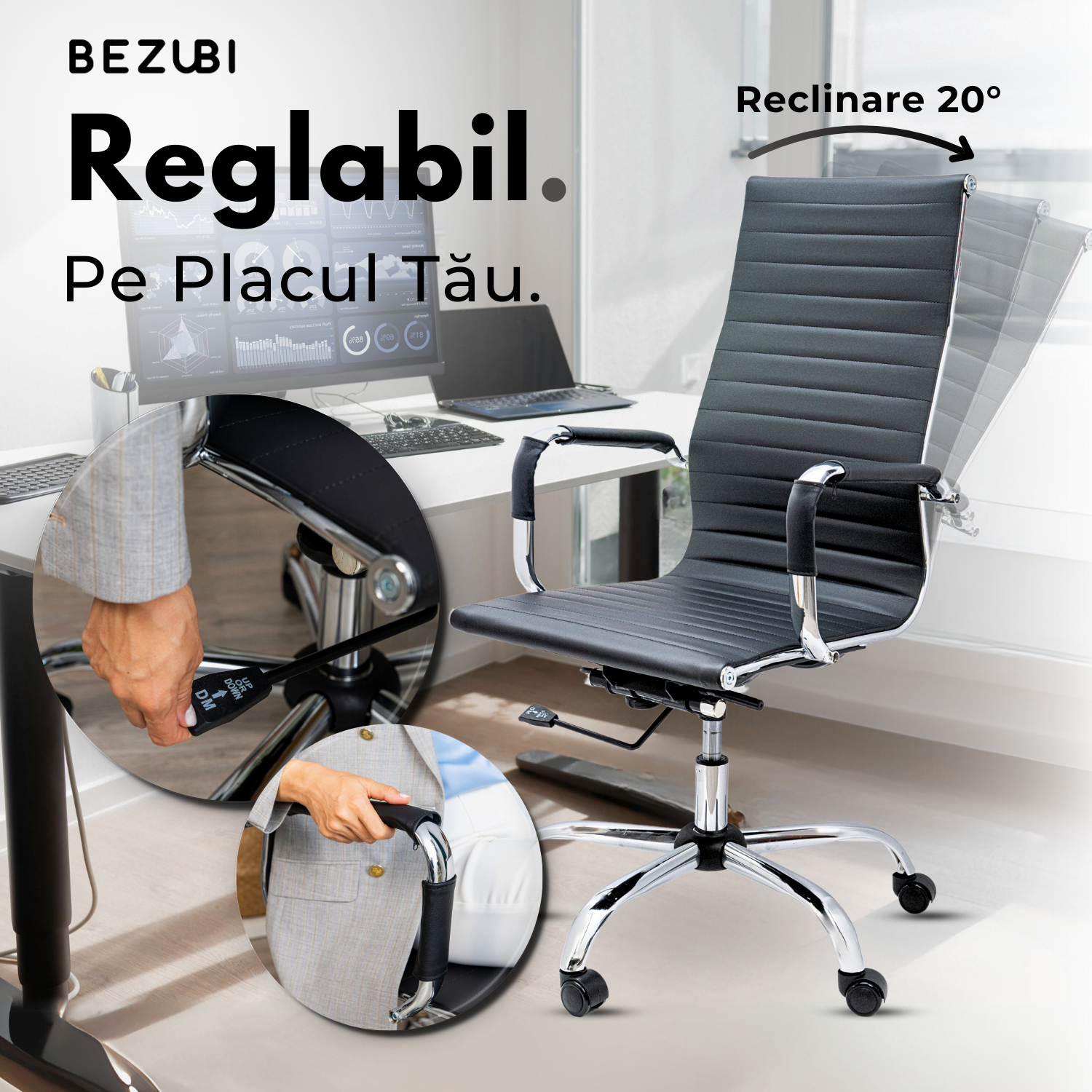 Scaun de birou Bezubi Executive, confortabil, pivotant, ergonomic cu spatar inalt, reglabil pe inaltime si inclinare, tapitat piele ecologica premium, suport pentru brate, cadru cromat, roti silentioase, negru