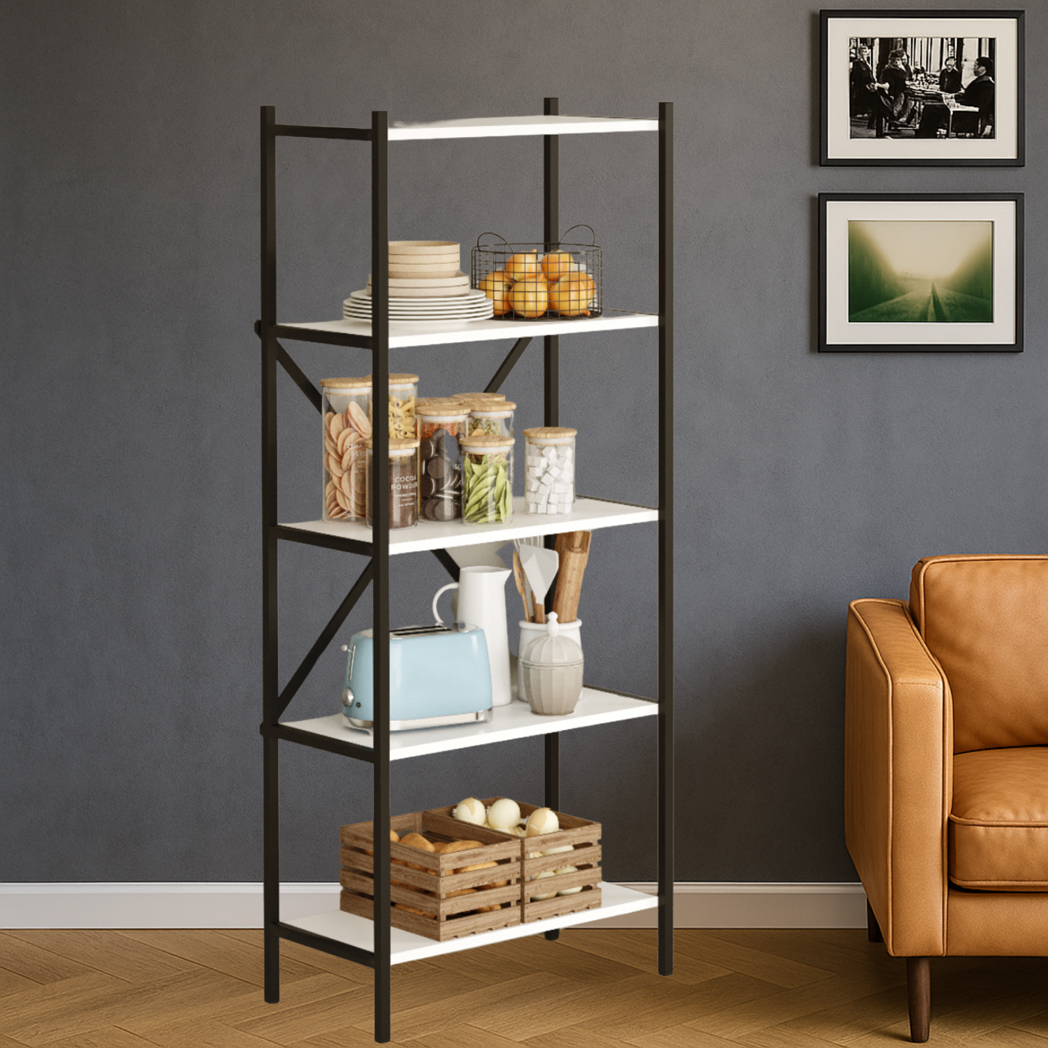 Etajera Multifunctionala Biblioteca Bezubi cu 4 rafturi deschise, design modern, cadru metalic robust si rafturi din lemn, stabilitate marita, tija in foma de X, ideala pentru carti, plante, decoratiuni, living, birou sau dormitor, alb