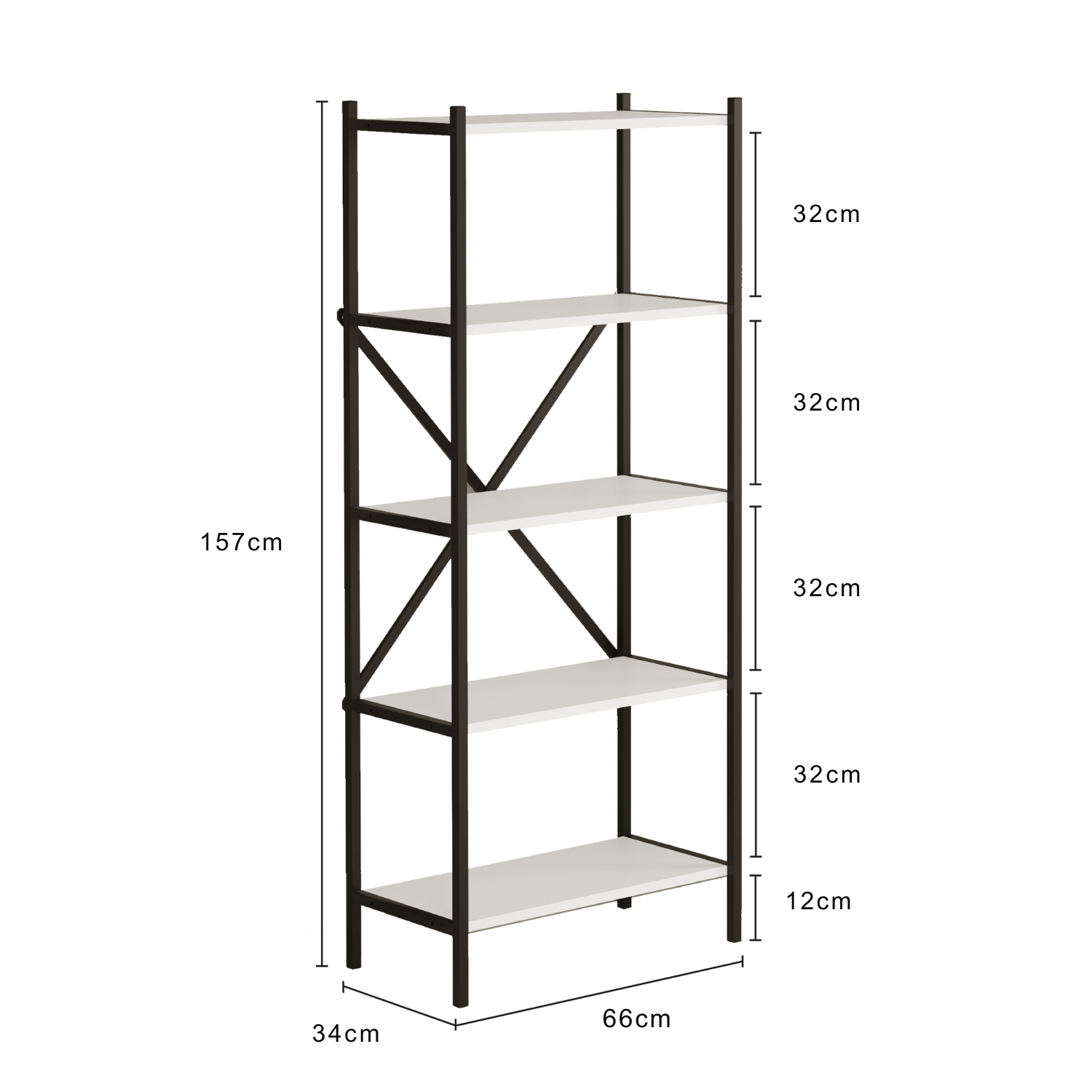 Etajera Multifunctionala Biblioteca Bezubi cu 4 rafturi deschise, design modern, cadru metalic robust si rafturi din lemn, stabilitate marita, tija in foma de X, ideala pentru carti, plante, decoratiuni, living, birou sau dormitor, alb
