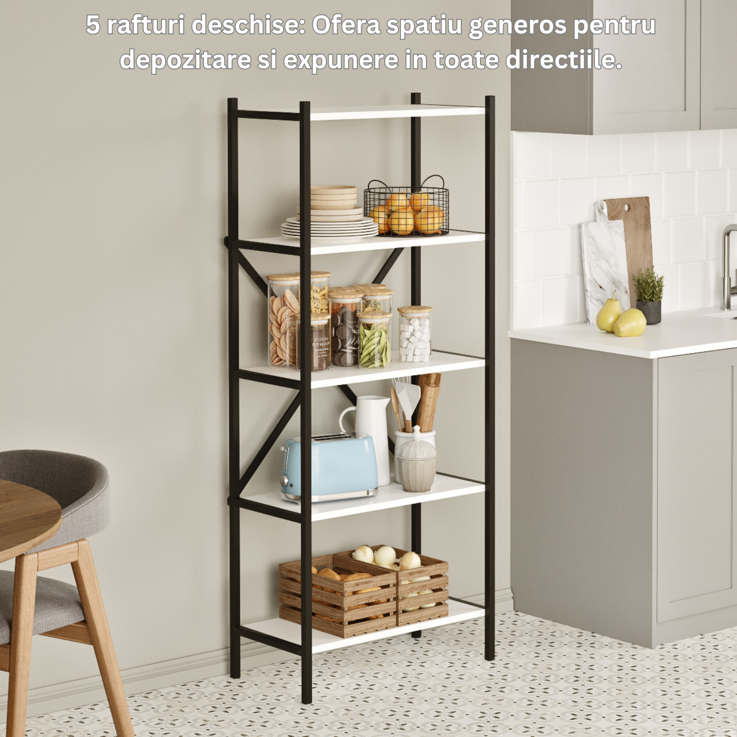 Etajera Multifunctionala Biblioteca Bezubi cu 4 rafturi deschise, design modern, cadru metalic robust si rafturi din lemn, stabilitate marita, tija in foma de X, ideala pentru carti, plante, decoratiuni, living, birou sau dormitor, alb